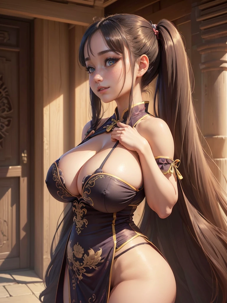 Highly detailed CG unit 8k wallpaper, masterpiece, High resolution, highest quality, highest quality real texture skin, Super Real, Digital Painting, Best image quality, 最High resolution, 8k, ((Highly detailed eyes and face)), 1girl, Beautiful eyes every detail, Full Body Shot, (profile, from side), (((Saggy breasts, Gravity-dependent breasts, long chest, Heavy chest, ))), ((disproportionate breasts, huge breasts, sagging breasts, Cleavage, gigantic breasts, erect nipple,)), Twin tails, Tube top, Loincloth, Chinese style embroidery, china dress, chinese dress, ancient China, grin, smile, (Big Eyes, Round eyes, Young, round face, , Single eyelid. No makeup),