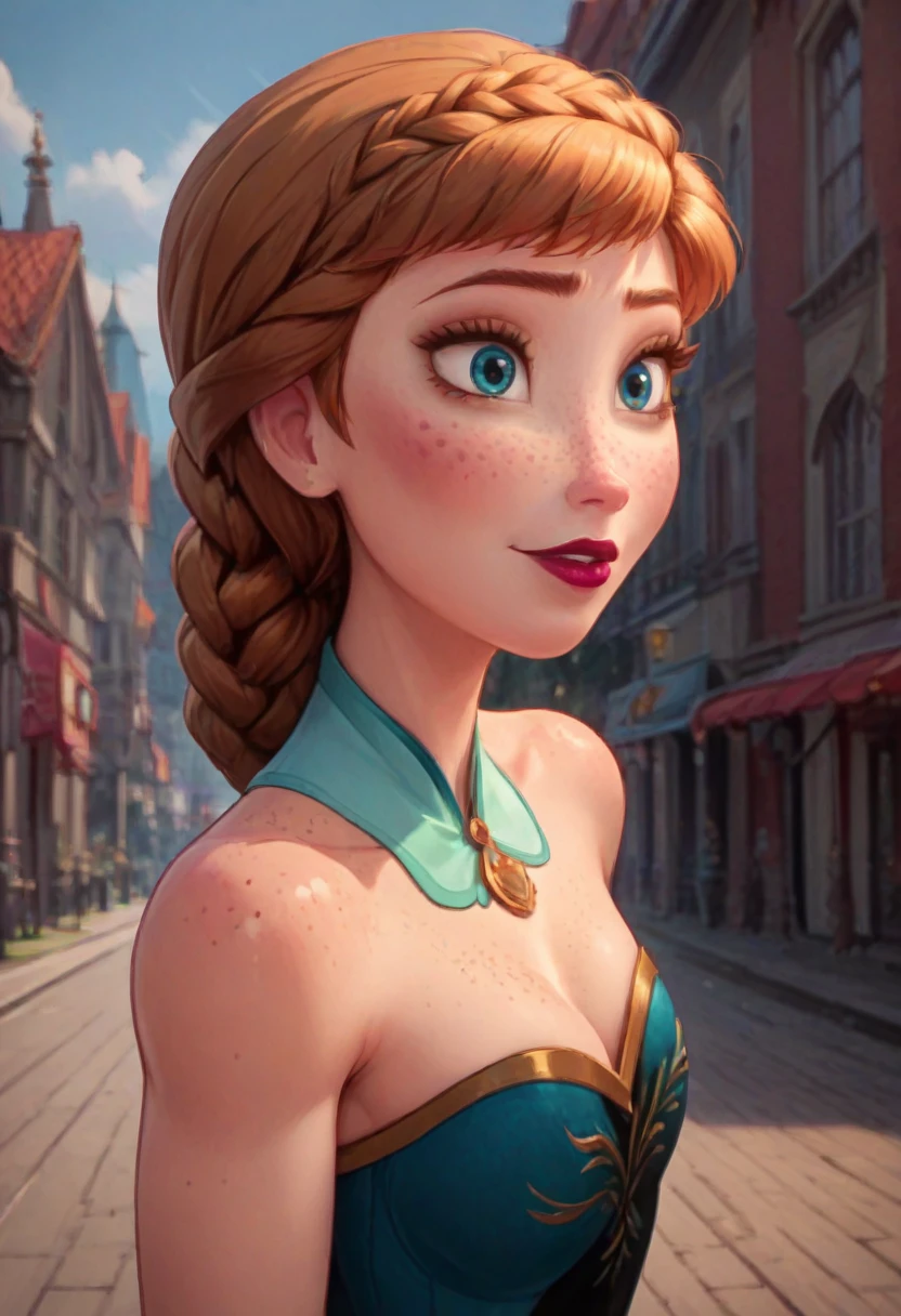 ((masterpiece, best quality)), Disney reference, (Anna), Anna grins, lipstick, freckles on face, upper body: bare shoulders, skinny 