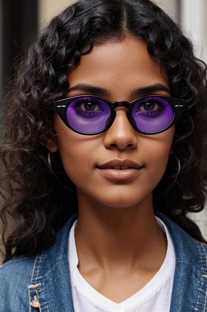 A tanned girl with black hair, curly and short Big black eyes, long eyelashes, with purple glasses