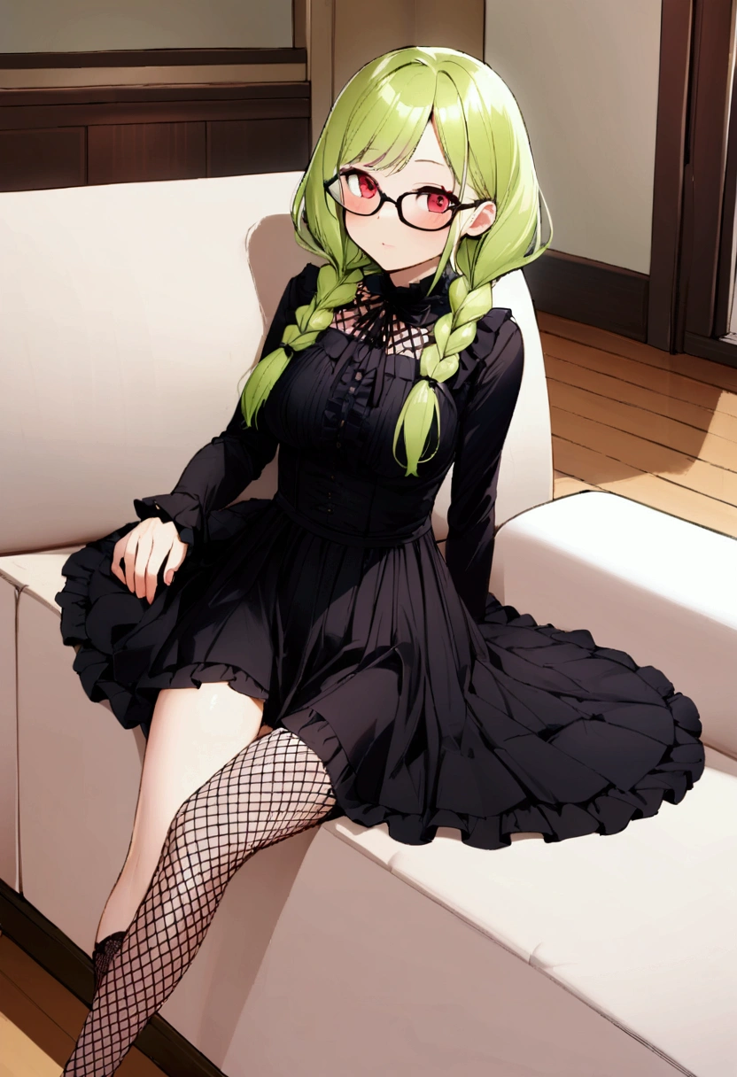 1girl, lime long hair, two pigtails, red eyes, glasses, black gotchic dress, mesh stockings, short, medium breasts, living room, lie on sofa, skirt is got up, pink panties