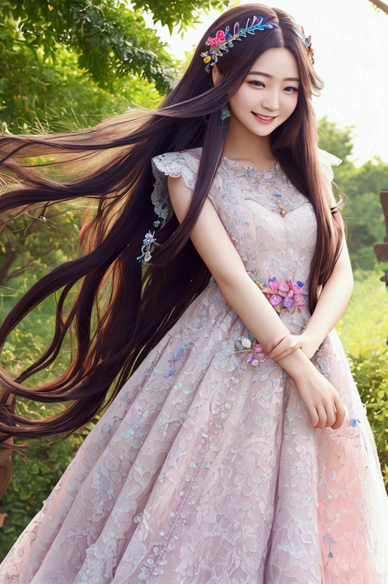 high resolution、High resolution、A smile looking at the person you love、Princess、Dress up in a gorgeous dress、Gorgeous lace dress、Gorgeous hair ornament、rainbow colored long hair、Long hair fluttering in the wind