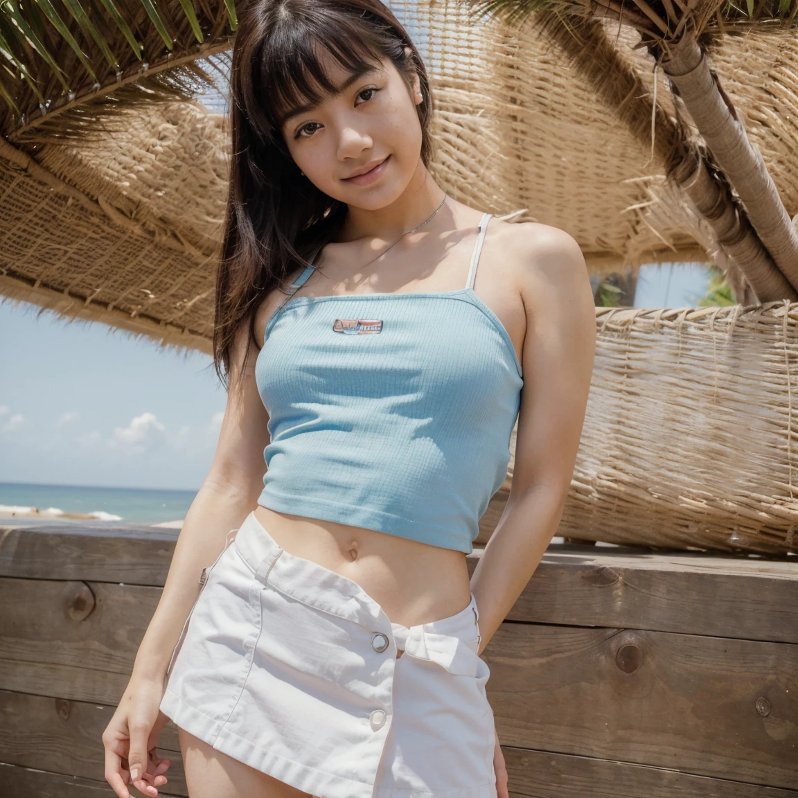 ((best quality)),((masterpiece)),((realistic)),(detailed), cute Japanese girl, adult, sexy, Flirting, (looking-into-camera), wearing a mini skirt and a yoga top, beach, daylight, slightly simile, 25 years old, standing, realistic hands, capture to thighs