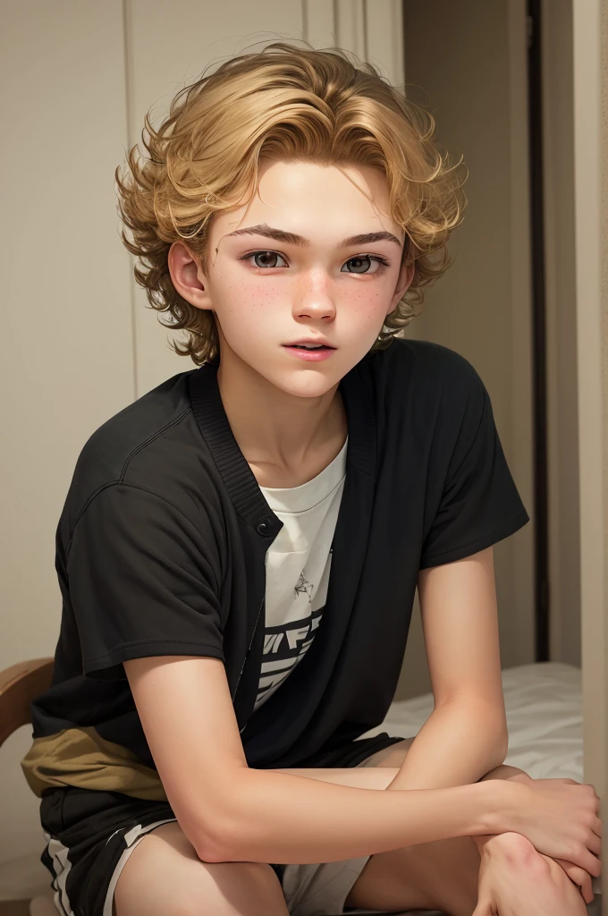 16-year-old male teenager, with very short, almost bald, wavy blonde hair, with white background, dark brown eyes, fair skin and light blonde eyebrows