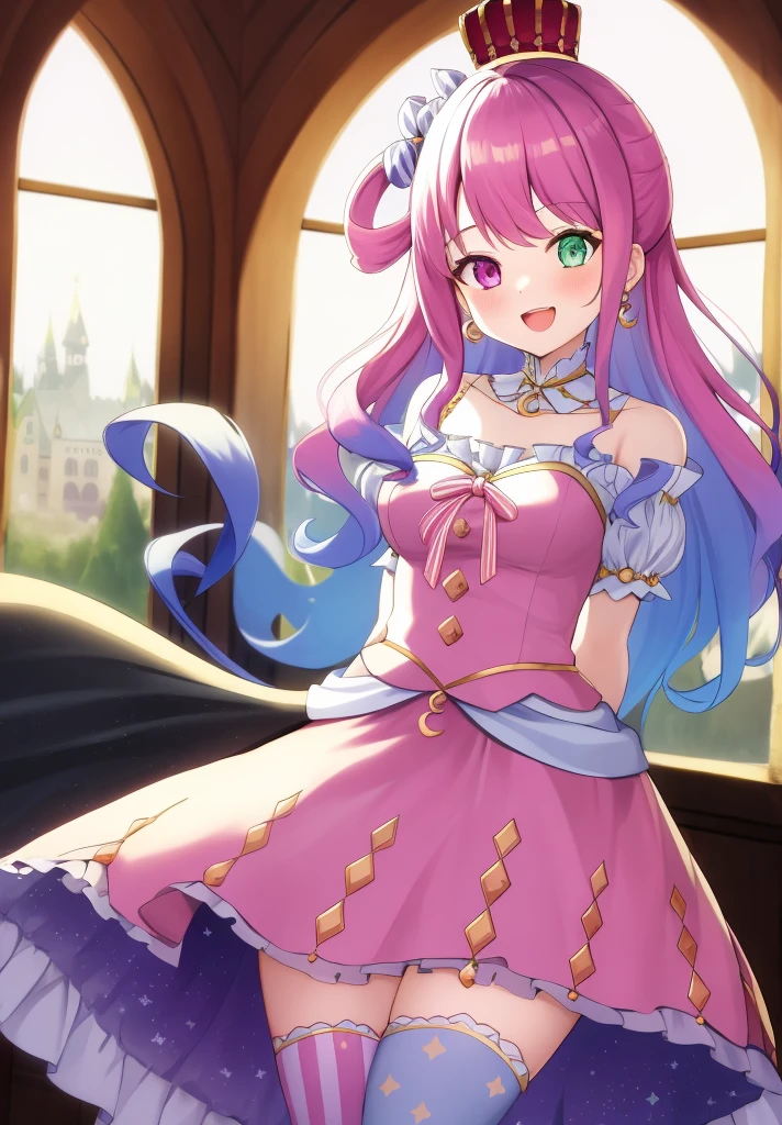 masterpiece, best quality, absurdres, 1girl, solo, heterochromia, long hair, hair rings, candy hair ornament, crown, earrings, detached collar, pink dress, bare shoulders, short sleeves, bracelet, striped thighhighs, smile, arms behind back, indoors, castle, :d, cute, sparkles,