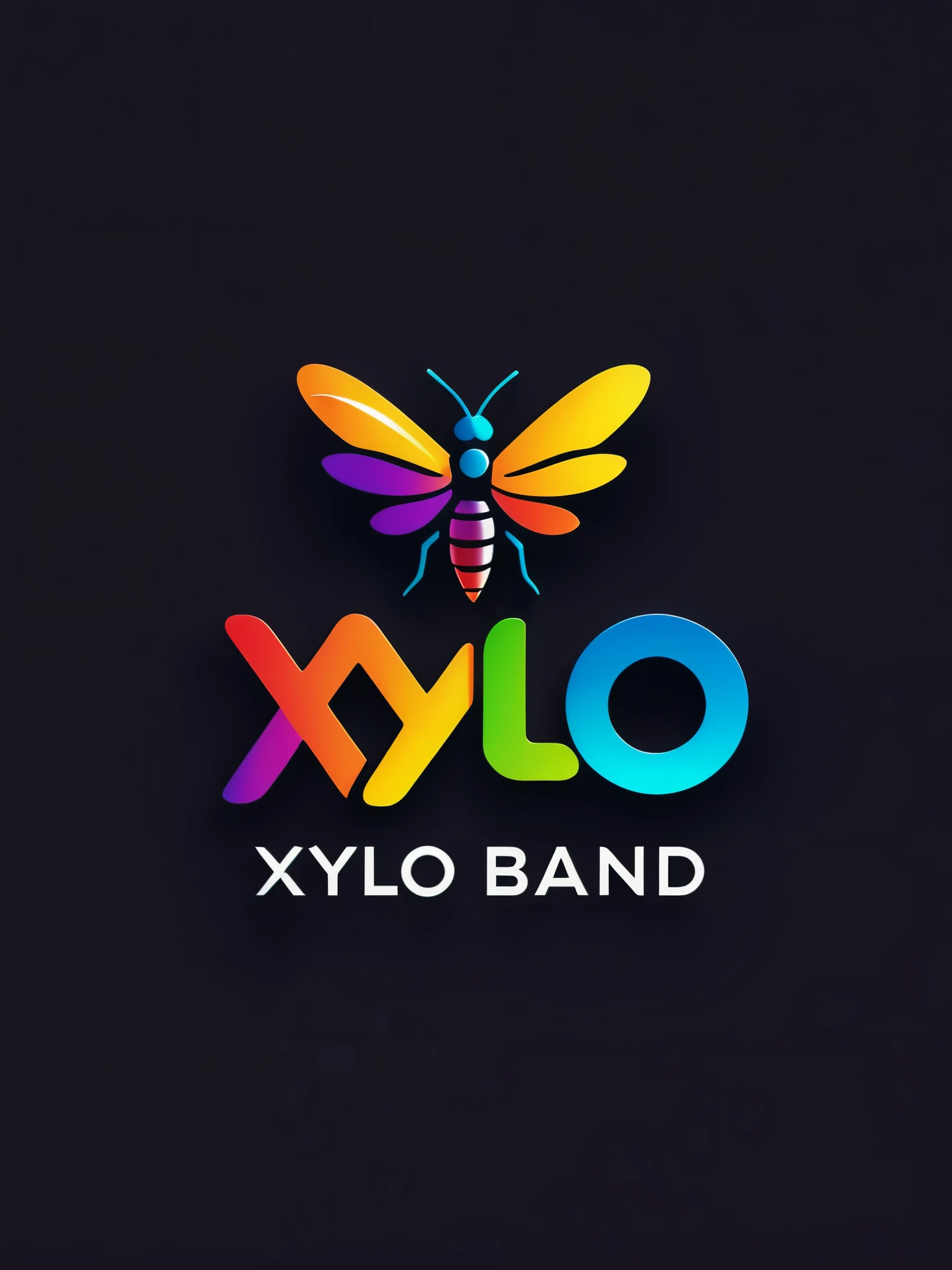 Create a simple and vibrant logo titled "XYLO BAND" resembling a music band logo. Use vibrant colors like red, blue, green, yellow, and purple to symbolize energy and creativity. Incorporate a sleek and minimalist vector of a firefly insect in the design. Apply subtle HDR 4K effects to enhance brightness and contrast subtly. Ensure the composition is dynamic and eye-catching, reflecting a modern and lively brand identity while maintaining simplicity.