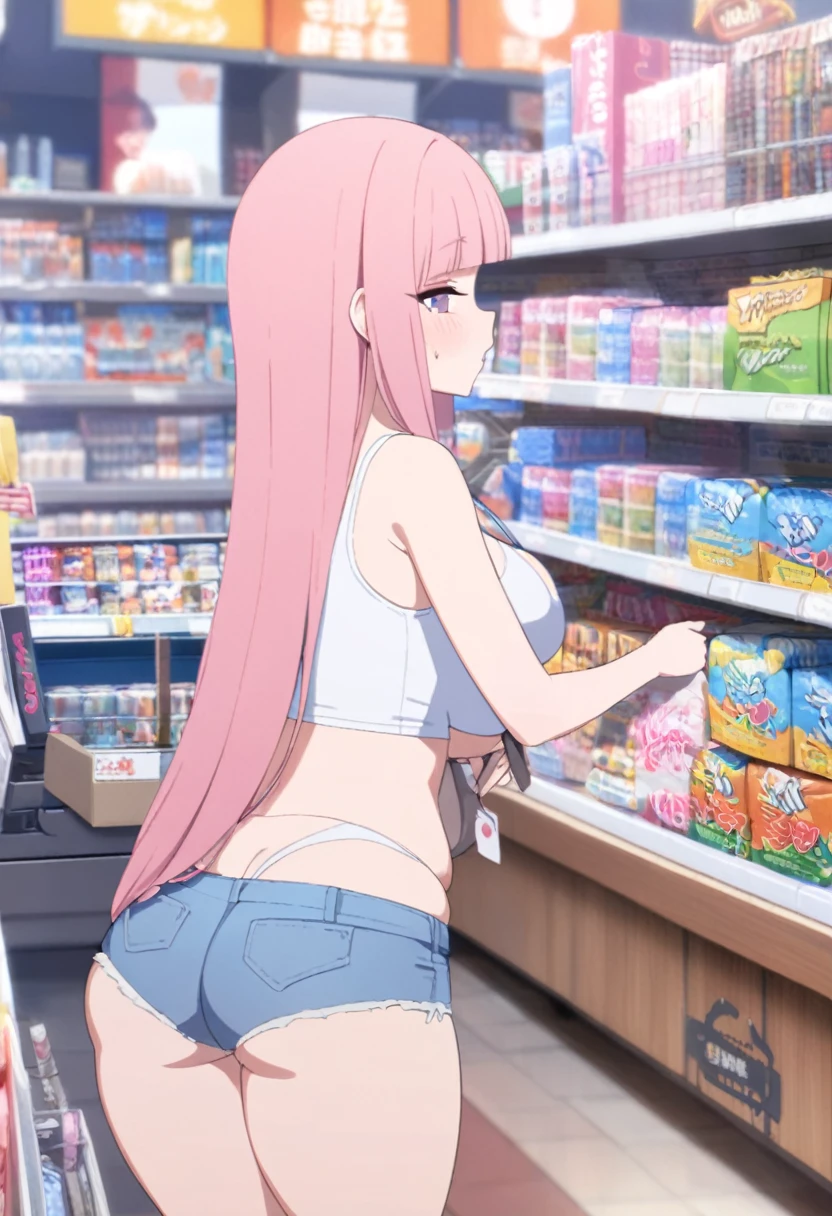 16yo girl, light pink hair, hime cut, long hair, J cup breast, thicc thigh, perfect body, micro short shorts, mini white tank top, minimarket view, clear view, looking for items