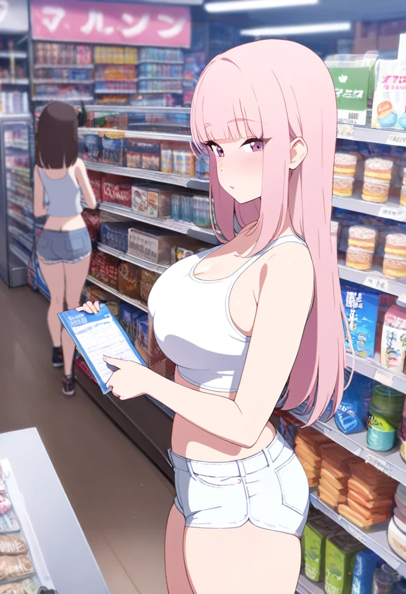 16yo girl, light pink hair, hime cut, long hair, J cup breast, thicc thigh, perfect body, micro short shorts, mini white tank top, minimarket view, clear view, looking for items