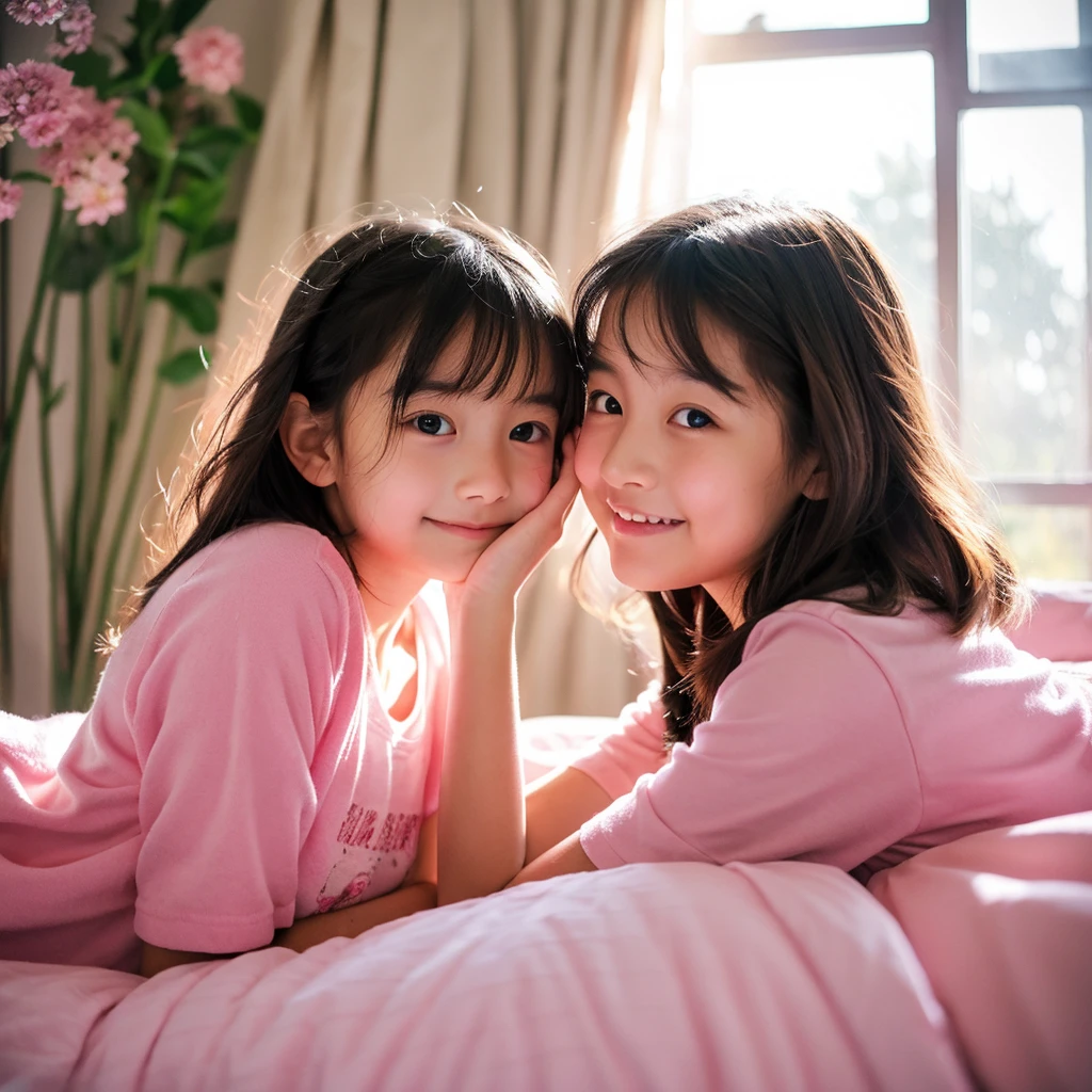 、1 Beautiful girl、So cute、Pink camisole、A window where sunlight pours in、On the bed with the light streaming in