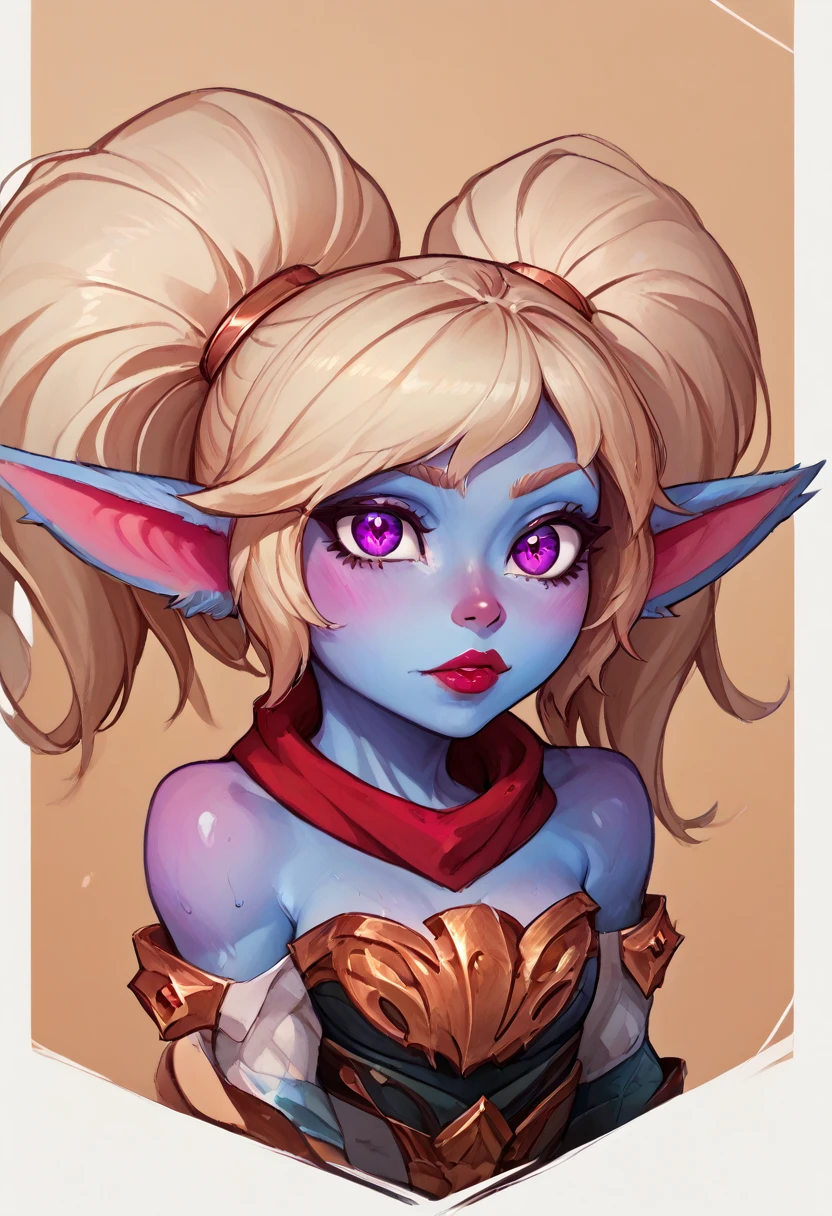 ((masterpiece, best quality)), League reference, (Poppy), Poppy grins, lipstick, upper body: bare shoulders, skinny