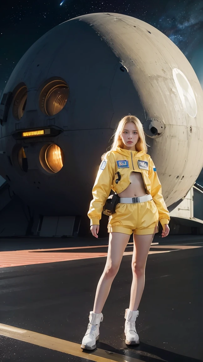 (young girl, 12 years old, blond hair, photorealistic, pale skin), (yellow (eyes:1.2)), (slim build:1.3), (fantasy space suit), beautiful face, symmetrical face, Greg Rutkowski, wlop and Sam Kuvshinov, (long hair), blond eyelashes, large iris, large pupil, full body, standing on the background of the cosmodrome, artstation, 8k, science fiction, pastel colors, props, panel, concept, futuristic, gribble, simon stalenhag, space, in outer space, a spaceship in the sky, technological blocks