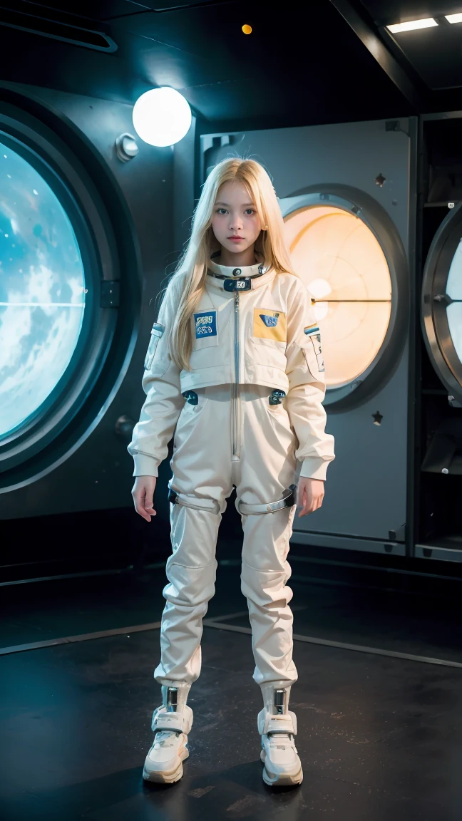 (young girl, 12 years old, blond hair, photorealistic, pale skin), (yellow (eyes:1.2)), (slim build:1.3), (fantasy space suit), beautiful face, symmetrical face, Greg Rutkowski, wlop and Sam Kuvshinov, (long hair), blond eyelashes, large iris, large pupil, full body, standing on the background of the cosmodrome, artstation, 8k, science fiction, pastel colors, props, panel, concept, futuristic, gribble, simon stalenhag, space, in outer space, a spaceship in the sky, technological blocks
