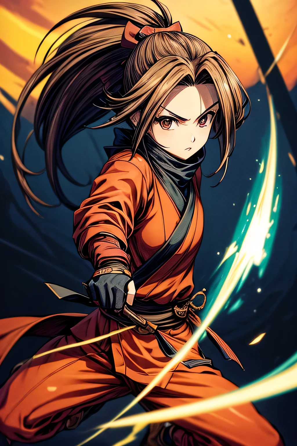 (masterpiece, best quality, ultra detailed), 1girl, ninja, shinobi, kunoichi, brown hair, short katana, blue flame, flame, action pause, Fujibayashi suzu, (red clothes),