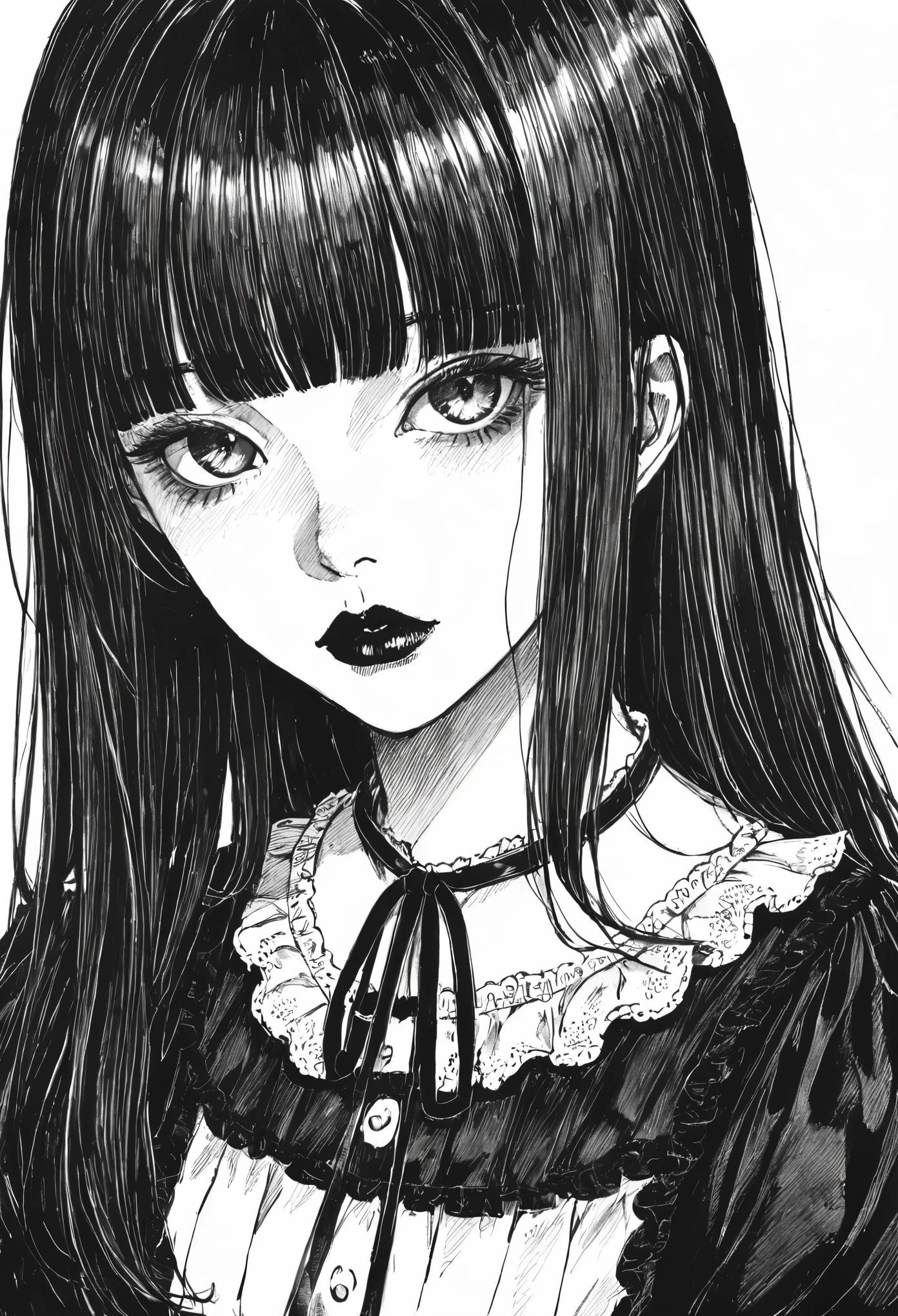 score_9, score_8_up, score_7_up, score_6_up, sp1t, monochrome, Hyper detailed hatching, pale, smooth skin, hair over both eyes, long straight black hair, blunt bangs, full lips, slender physique, lolita fashion, black lips, scowl, centered