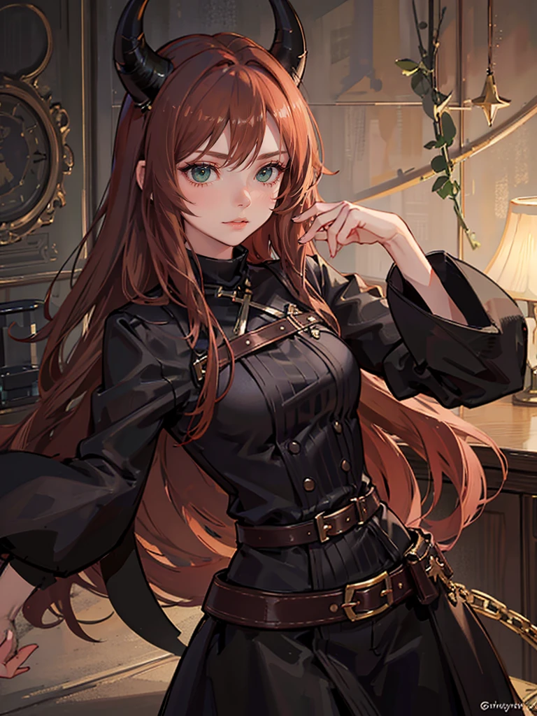 Young girl with light copper hair, Dark green eyes, sly facial expression, sexy girl, dressed in simple black clothes, long hair, cute face, Big hips, belt art , black small horns on the head, witch 