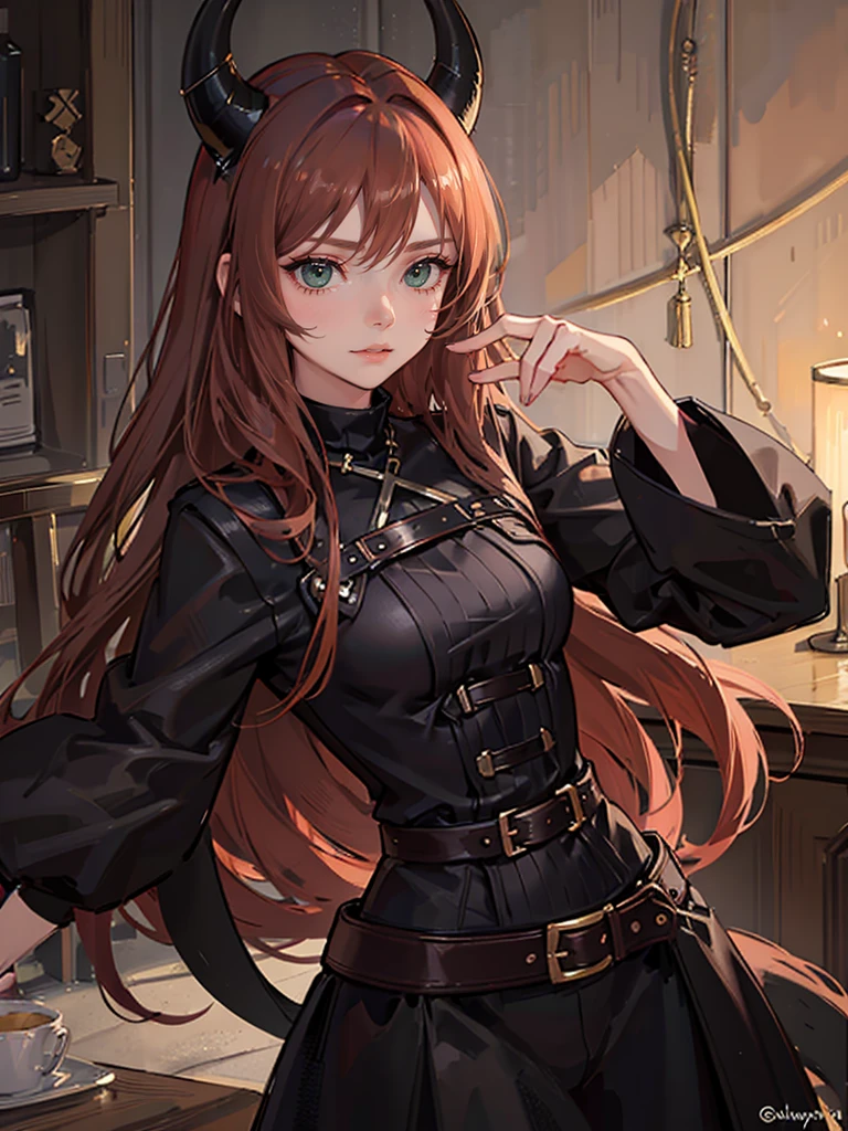 Young girl with light copper hair, Dark green eyes, sly facial expression, sexy girl, dressed in simple black clothes, long hair, cute face, Big hips, belt art , black small horns on the head, witch