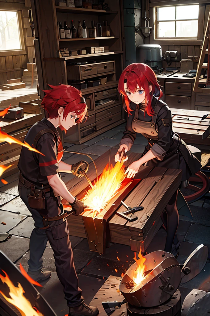2D, blacksmith, female, red hair, forging, anvil, workshop