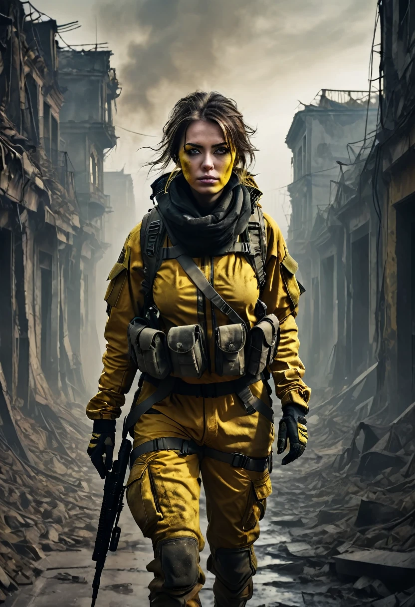 masterpiece, best quality, high resolution, rich details, 8k, extreme light and shadow, image of a beautiful young woman wearing yellow tactical gear, dirty and dusty , walking down a desolated street in a collapsed city, post apocalypse, smoke and fog in the air, BREAK yellow gray sky covered with toxic cloud, collapsed building, broken street, tall body, detailed face, detailed eye, cold face, dirty, (post apocalypse theme),