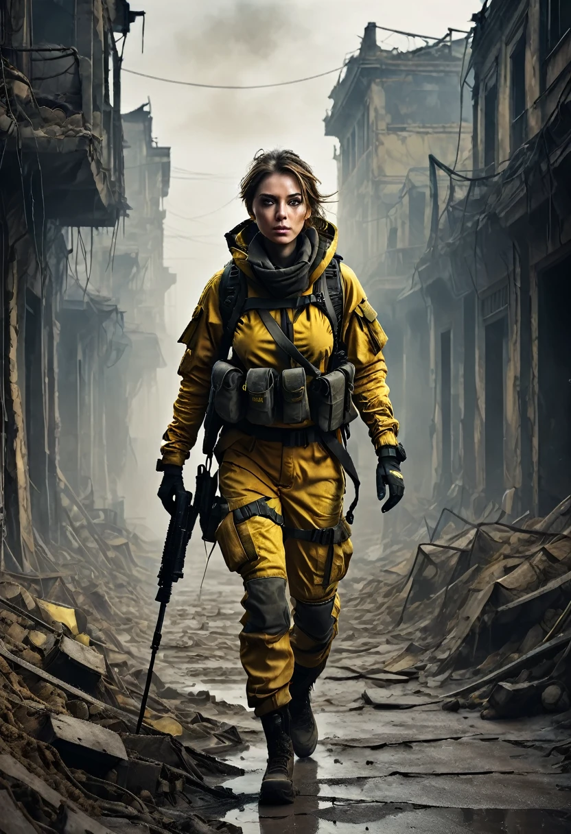 masterpiece, best quality, high resolution, rich details, 8k, extreme light and shadow, image of a beautiful young woman wearing yellow tactical gear, dirty and dusty , walking down a desolated street in a collapsed city, post apocalypse, smoke and fog in the air, BREAK yellow gray sky covered with toxic cloud, collapsed building, broken street, tall body, detailed face, detailed eye, cold face, dirty, (post apocalypse theme),