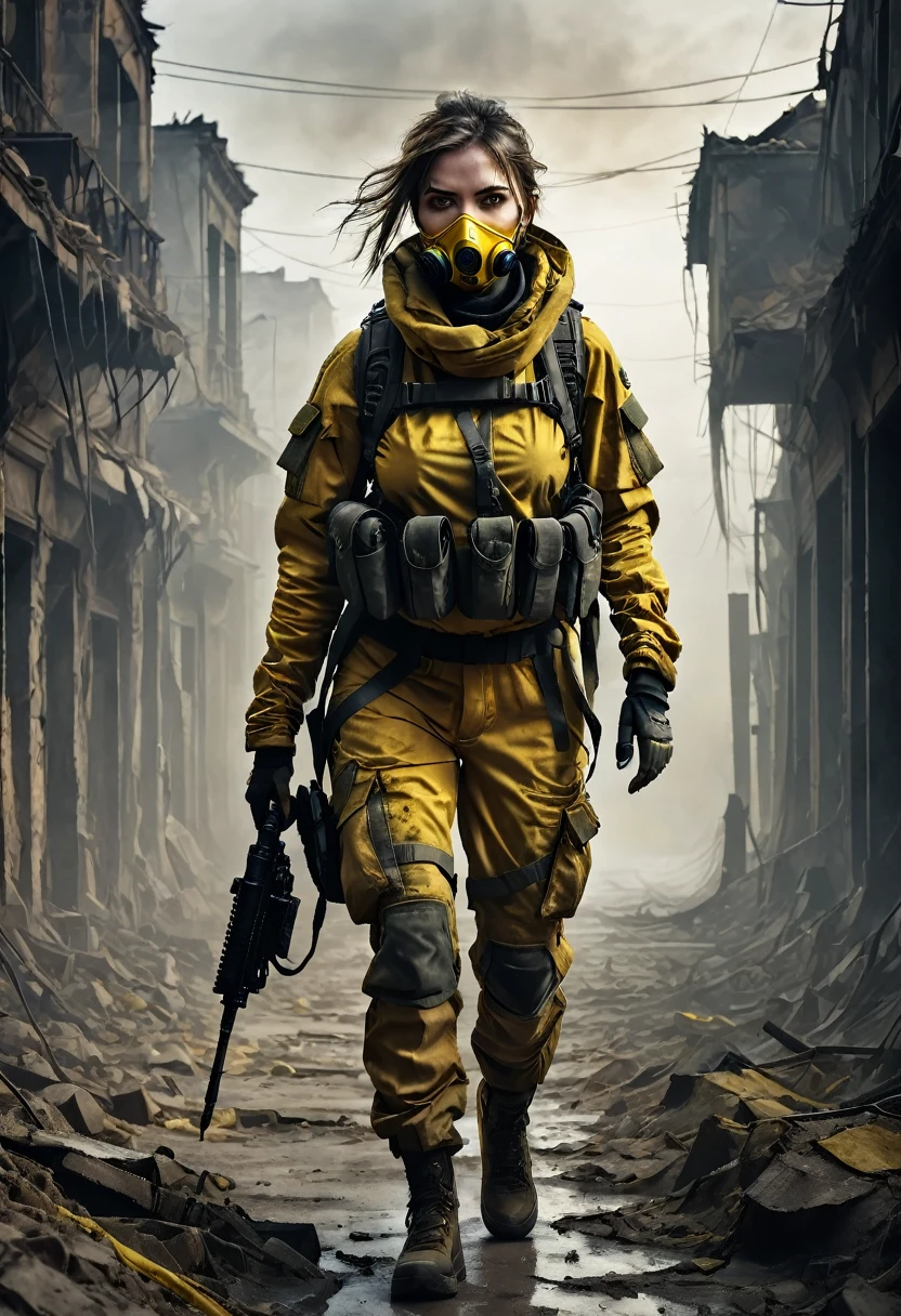 masterpiece, best quality, high resolution, rich details, 8k, extreme light and shadow, image of a beautiful young woman wearing yellow tactical gear, dirty and dusty , walking down a desolated street in a collapsed city, post apocalypse, smoke and fog in the air, BREAK yellow gray sky covered with toxic cloud, collapsed building, broken street, tall body, detailed face, detailed eye, cold face, dirty, (post apocalypse theme),