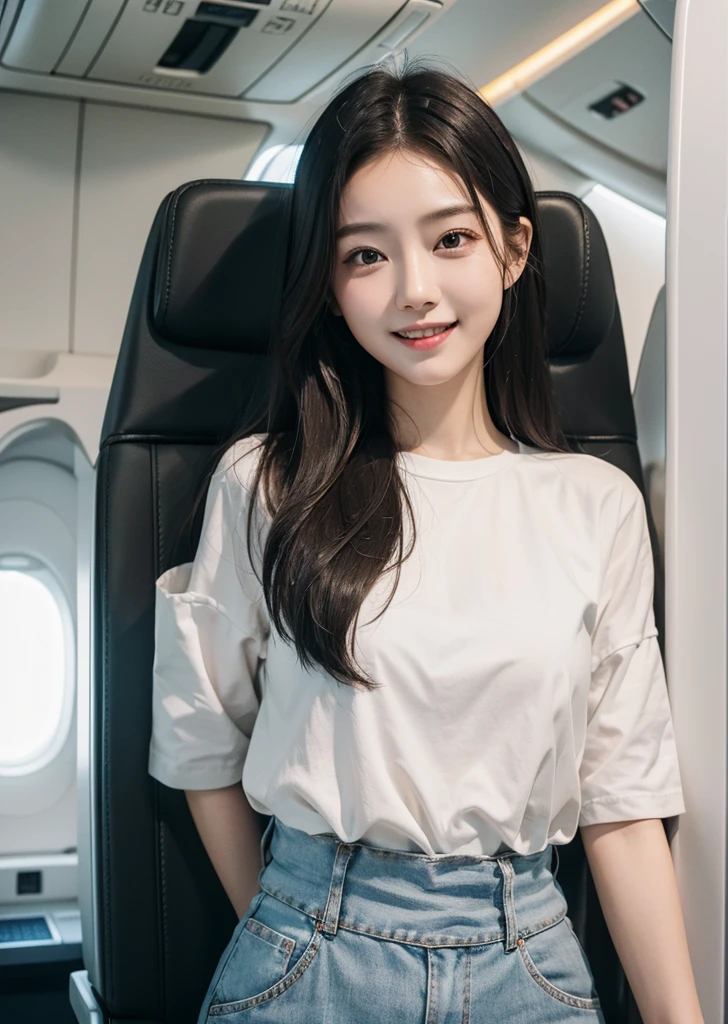 Diffuse lighting、 Highest quality, High resolution, unity 8k wallpaper、Supersaturation, Japanese、1 female、23 years old、Highest quality、8k、超High resolution、Clear photos、Professional Lighting、adult、Long Hair、smile、Ultra slim、Tight waist、Slender body、Cabin attendant、International Flights、plane、