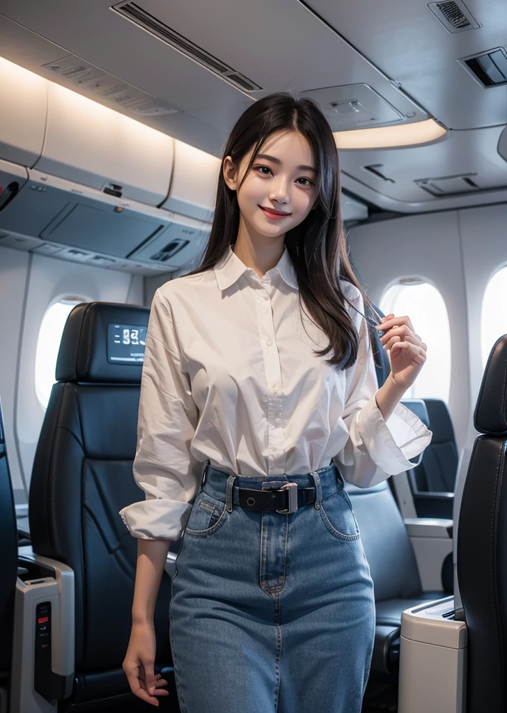 Diffuse lighting、 Highest quality, High resolution, unity 8k wallpaper、Supersaturation, Japanese、1 female、23 years old、Highest quality、8k、超High resolution、Clear photos、Professional Lighting、adult、Long Hair、smile、Ultra slim、Tight waist、Slender body、Cabin attendant、International Flights、plane、