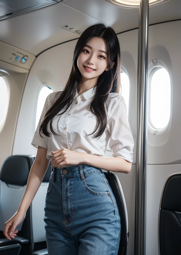 Diffuse lighting、 Highest quality, High resolution, unity 8k wallpaper、Supersaturation, Japanese、1 female、23 years old、Highest quality、8k、超High resolution、Clear photos、Professional Lighting、adult、Long Hair、smile、Ultra slim、Tight waist、Slender body、Cabin attendant、International Flights、plane、
