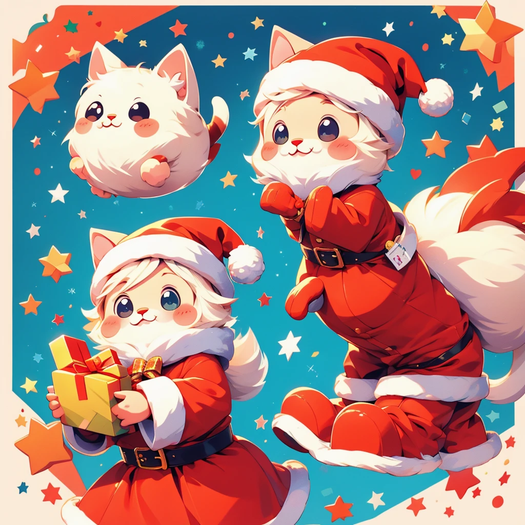 ((cute stickers, style cartoon, cute Super Deformed Character, white border, high quality, colorful, Detailed illustration of a cute cat wearing a Santa hat, awesome full color )) icon vector graphic, on white background, various poses and movements, various emotions. Christmas mood, Chibi cute style, sharp outline, separated each element, full frame , Simple, Minimalist.