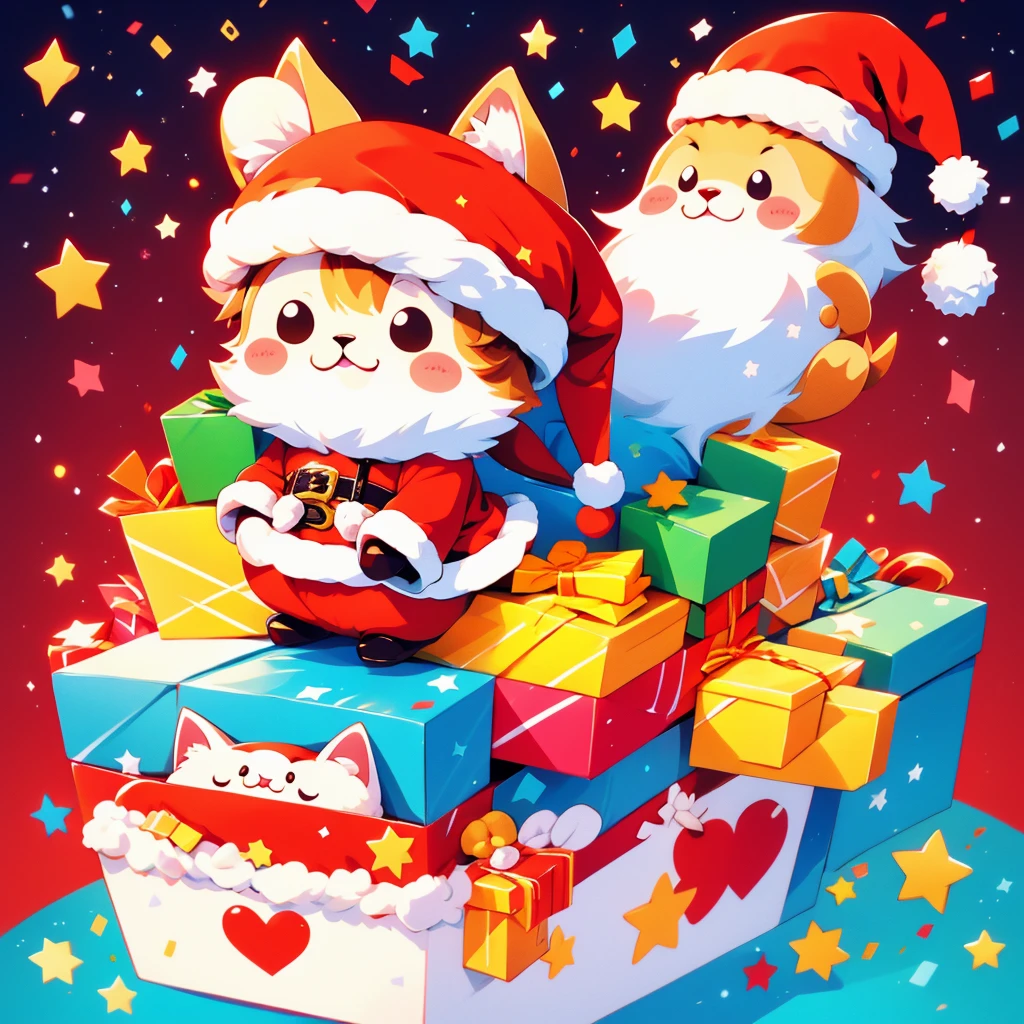 ((cute stickers, style cartoon, cute Super Deformed Character, white border, high quality, colorful, Detailed illustration of a cute cat wearing a Santa hat, awesome full color )) icon vector graphic, on white background, various poses and movements, various emotions. Christmas mood, Chibi cute style, sharp outline, separated each element, full frame , Simple, Minimalist.