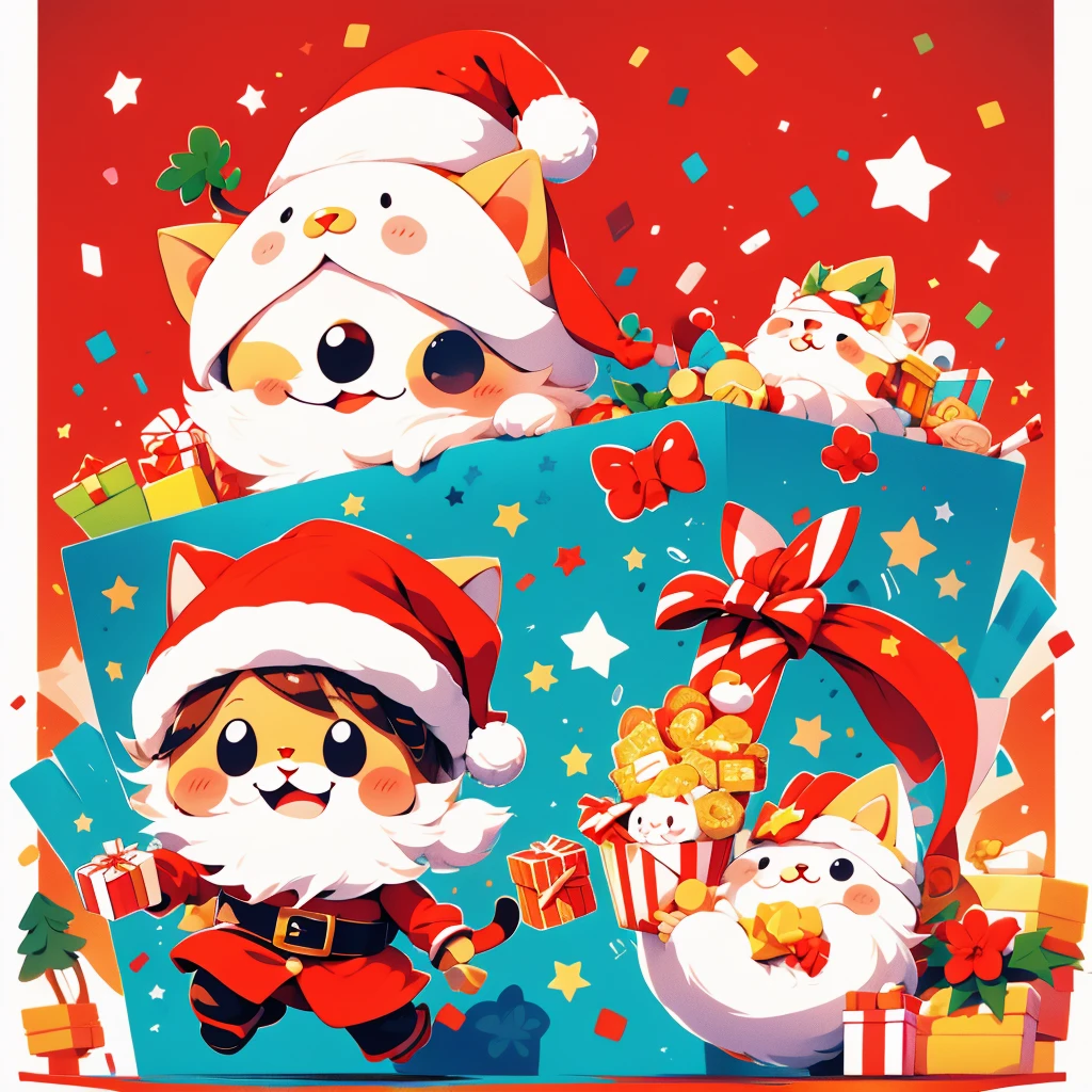 ((cute stickers, style cartoon, cute Super Deformed Character, white border, high quality, colorful, Detailed illustration of a cute cat wearing a Santa hat, awesome full color )) icon vector graphic, on white background, various poses and movements, various emotions. Christmas mood, Chibi cute style, sharp outline, separated each element, full frame , Simple, Minimalist.