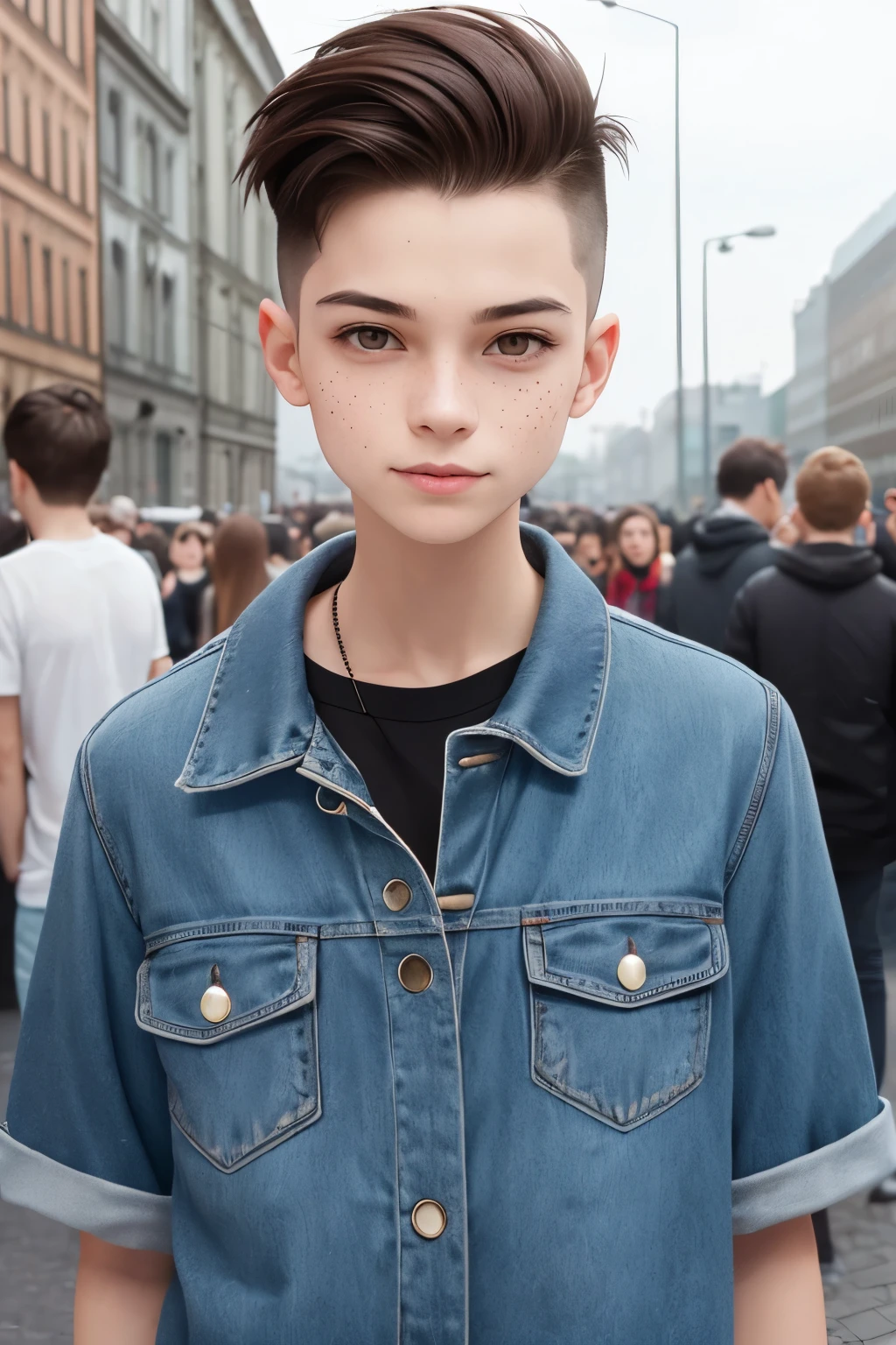 A happy 20 years old woman with an undercut. Very androgynous looking. In a good mood. Happy. Kind. Friendly. Tomboyish. Androgynous. Slim masculine body. Very . Very small . Wide hips. Thick legs. Face: Extremly pale skin with liverspots and freckles. Soft narrow face with a round chin. Soft small jaw. Big forehead. Very thin barely visible eyebrows. Upturned big dark-brown eyes. Dark-brown eyecolour. Very long and wide nose. Big curved lips. Very short dark-brown hair. A boyish short haircut. Undercut. Sides shaved. Wearing flippy clothing. Background: The love parade in Berlin.