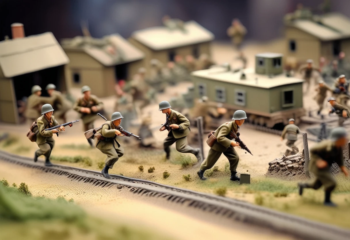 Miniature model of World War II Germany, tilt-shift photo, Invasion of Poland, CG Society competition winner, Model Society competition winner, photo realism, soldiers running on the battlefield, firing at each other, shelled buildings Objects, fences, war cries, World War II vehicles,