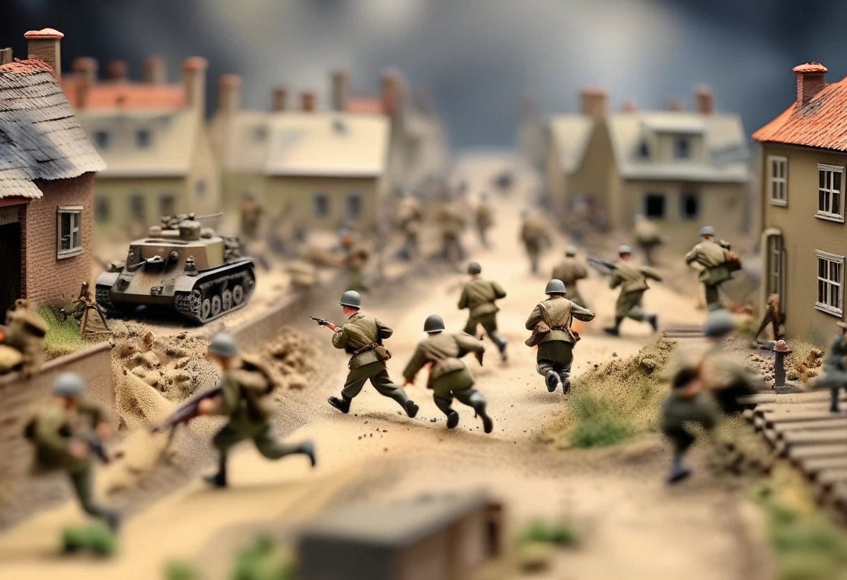 Miniature model of World War II Germany, tilt-shift photo, Invasion of Poland, CG Society competition winner, Model Society competition winner, photo realism, soldiers running on the battlefield, firing at each other, shelled buildings Objects, fences, war cries, World War II vehicles,