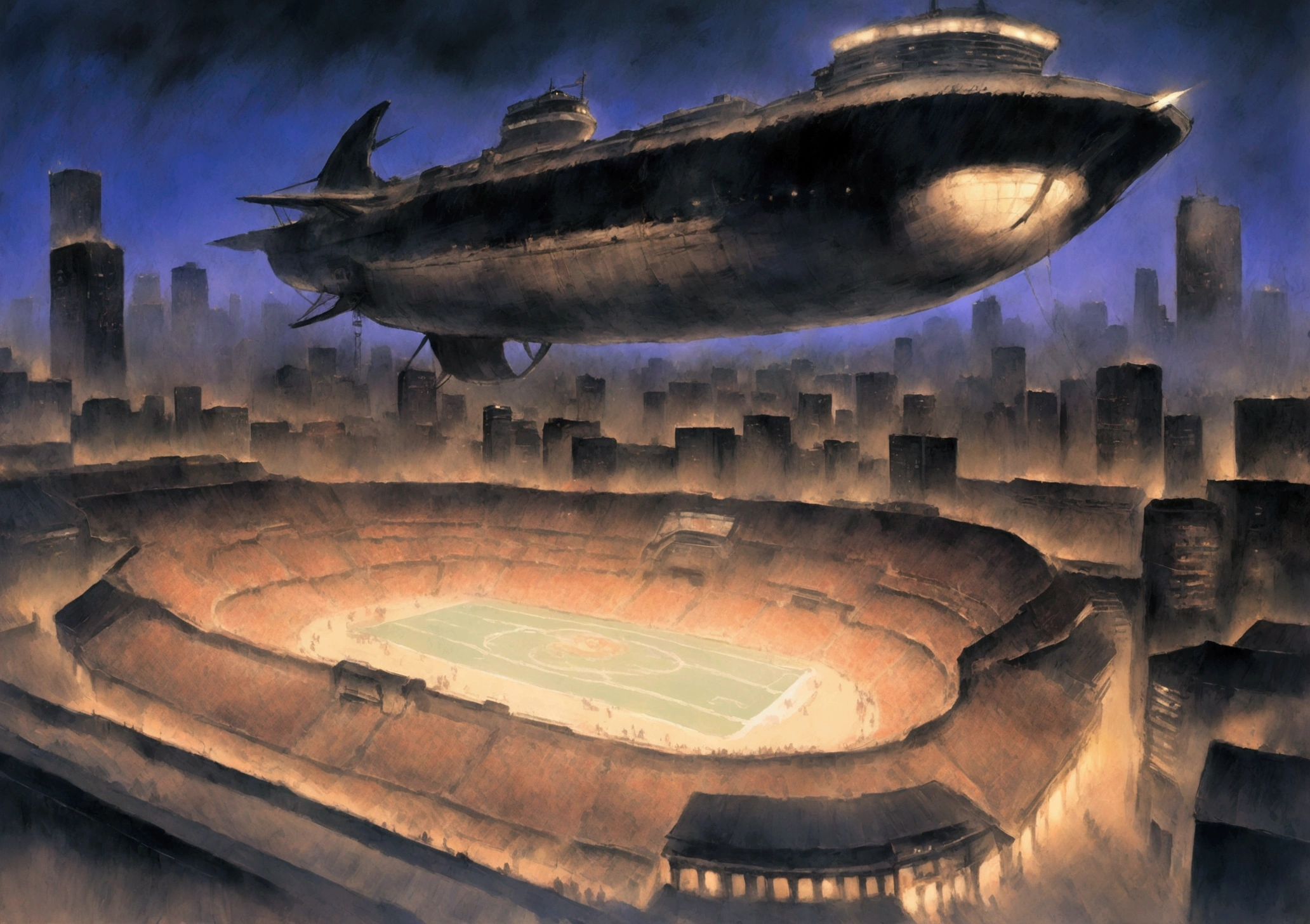 high resolution,80SF anime painting from the 1980s,,background,Stadium,Airship with advertising monitor,Searchlight,night,City,16:9,building