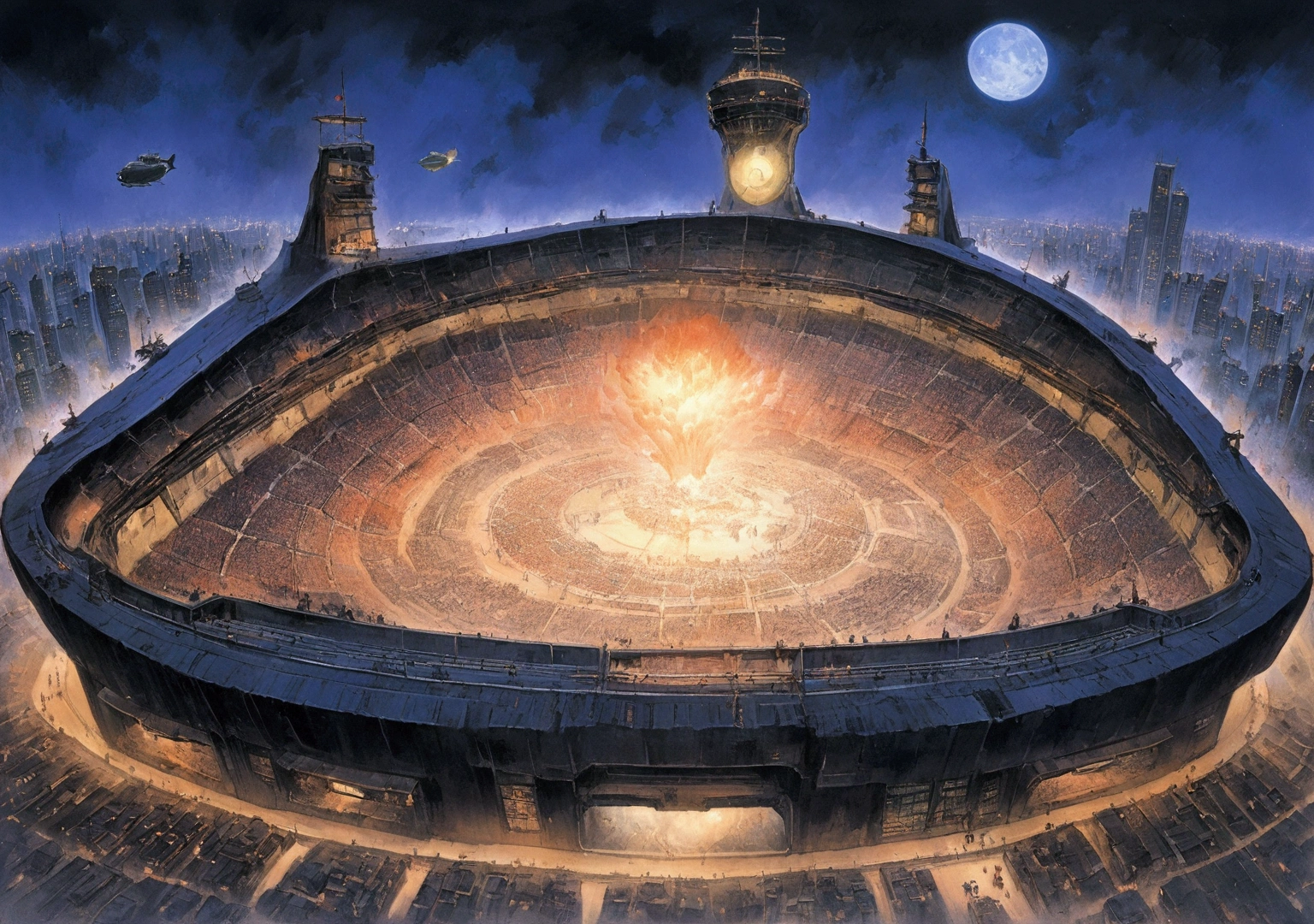 high resolution,８０SF anime painting from the 1980s,,background,Stadium,Airship with advertising monitor,Searchlight,night,City,16:9,building