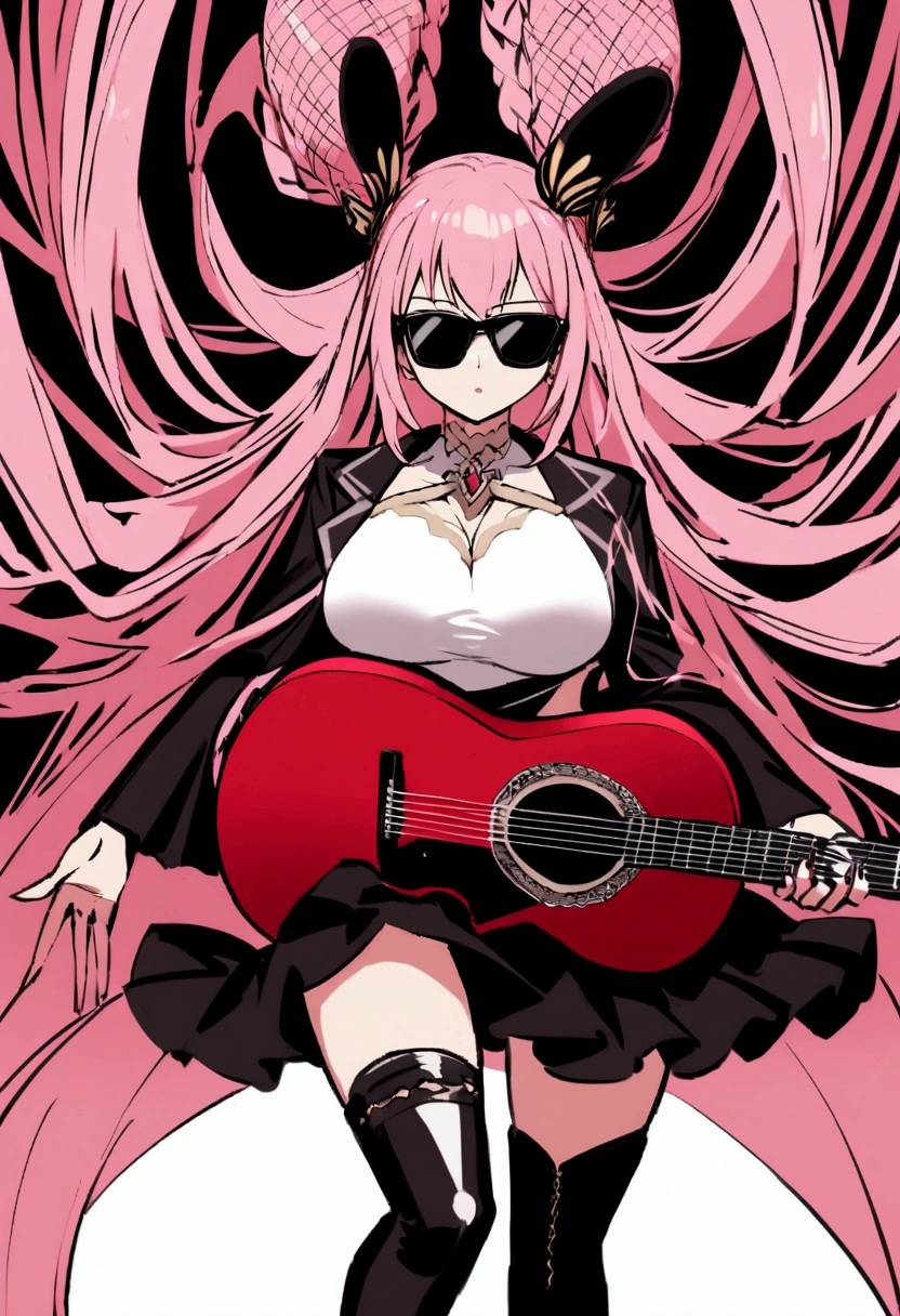 Long pink hair girl, tez morena, a black jacket, white turtleneck blouse and black skirt with long black boots and somewhat modern sunglasses with big boobies and a red guitar in her hand launching waves of music in the style of mahou shoujo ni akogarete as a villain and alongside the villains of mahou shoujo ni akogarete