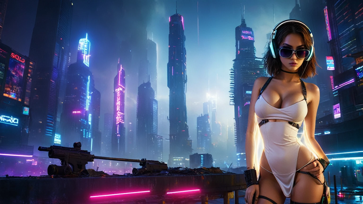dark futuristic landscape, at night, neon lights, Atmospheric fog, large buildings in the background, futuristic city, streets with open shops, skyscraper (postapocalyptic city:1.3). (((1girl, solo, alone))), large-breast:1.2 slim body, cleavage:1.1, sexy miniskirt, (((headphone, black sunglasses, standing and holding pistol pose))), (((half-body thigh level medium shot))), cinematic lighting, lens flare, ray tracing.