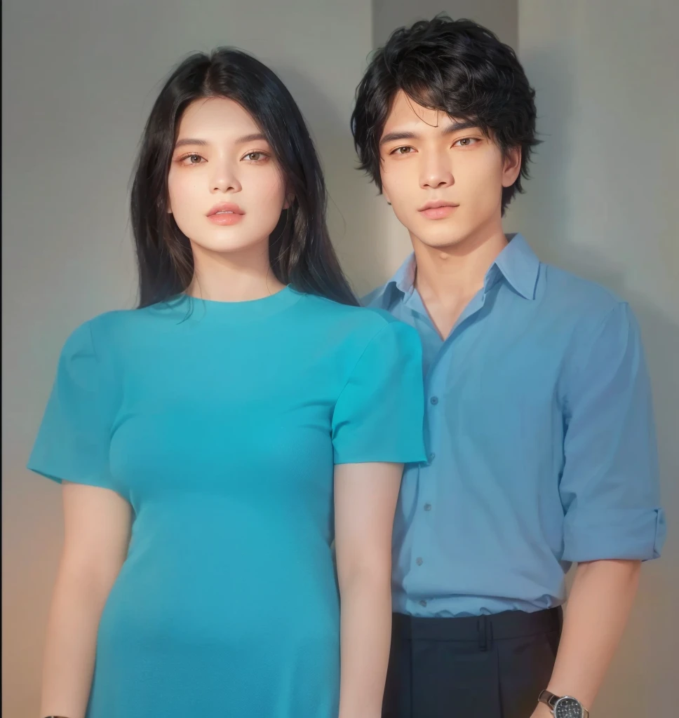 The man's shirt is light-colored, his pants are black, and he has a watch on his left hand. The woman is wearing a light colored dress, her hair is black, and she is wearing a watch on her right hand. Both are a couple. The color of the skin is pale. The floor is an old house indian cupple