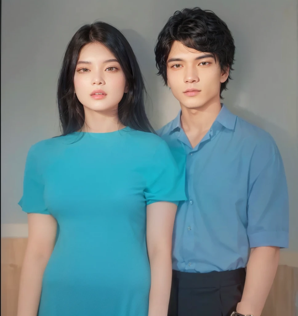 The man's shirt is light-colored, his pants are black, and he has a watch on his left hand. The woman is wearing a light colored dress, her hair is black, and she is wearing a watch on her right hand. Both are a couple. The color of the skin is pale. The floor is an old house indian cupple 