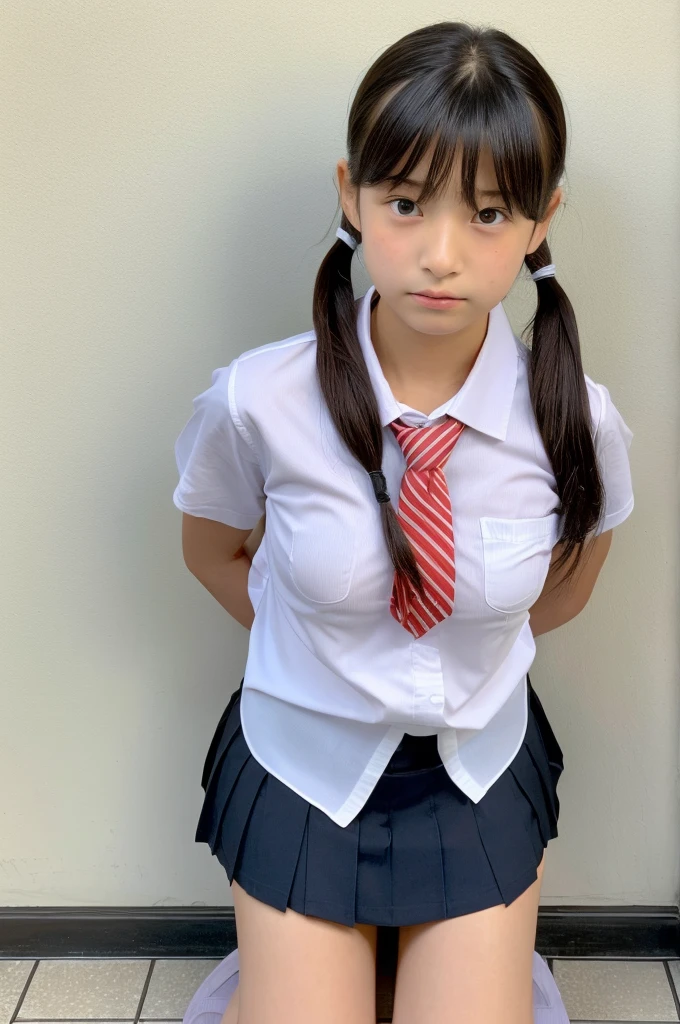 ((highest quality, masterpiece :1.3)), Photorealistic、Ultra-high resolution、Natural skin texture、Hyperrealism、Photograph from the knee up、12 year old beautiful Japanese girl、Twin tail hair、well-shaped breasts、White collared shirt and tie、mini skirt、Frightened expression