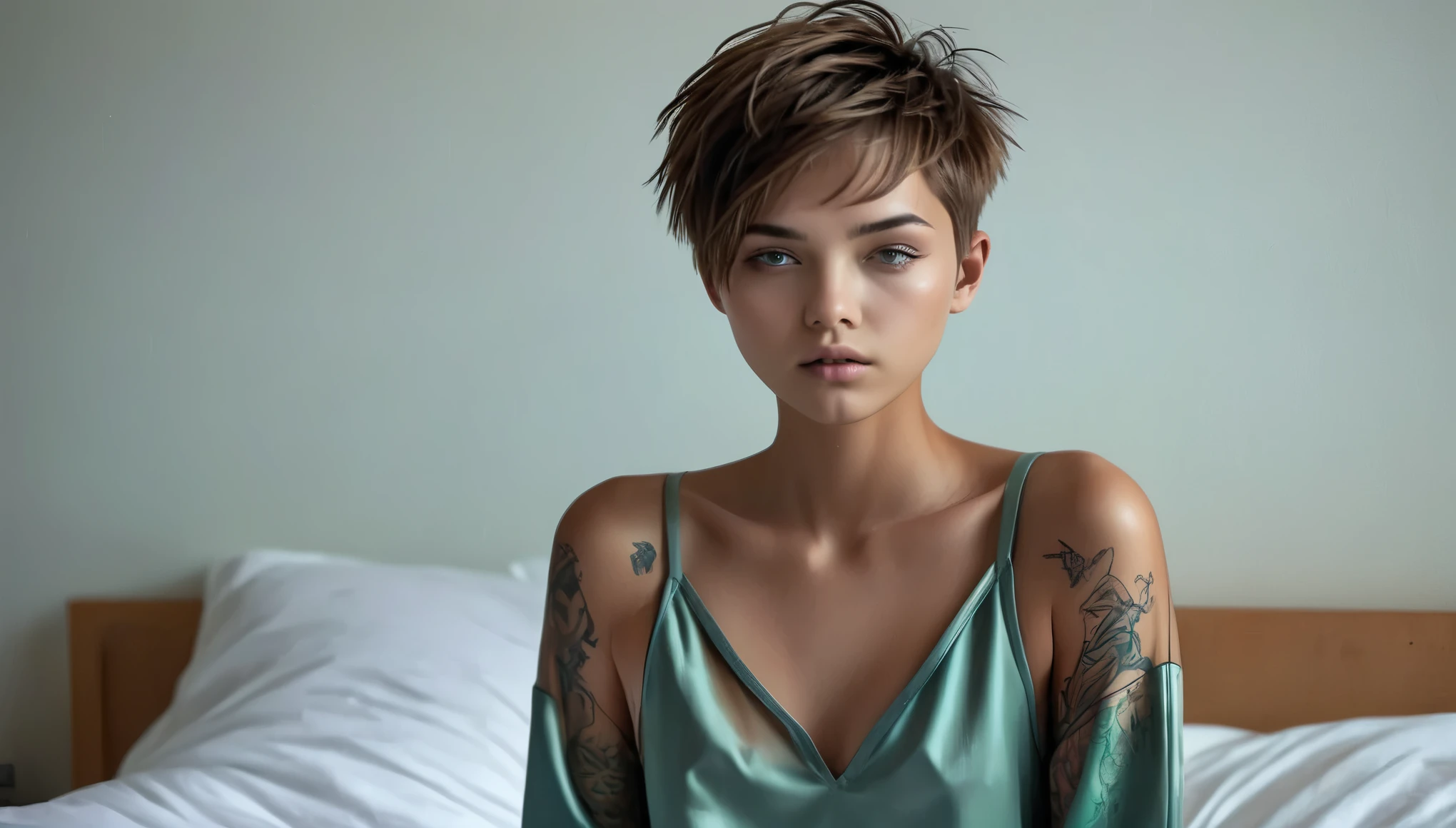 Top Quality, Masterpiece, High Resolution, 8k, ((r, 16 Yearomboy girl in short silky oversized huddie with plunging neckline under the armpits und satin shorts, side boob, wide neckline, deep neckline)), (bare belly, small perky breasts, detailed face, detailed eyes, thin eyebrow, detailed lips, small hips, no makeup, some tattoos), (tomboy, Tomboy Style, tomboyish), (randowm short hair style, straight hair, short pixie cut hair), (((cyberpunk, on the bed, moody atmosphere, dim light, dramatic and neon colors, futuristic setting, intricate details, at night, random pose, neon colors))), full body view