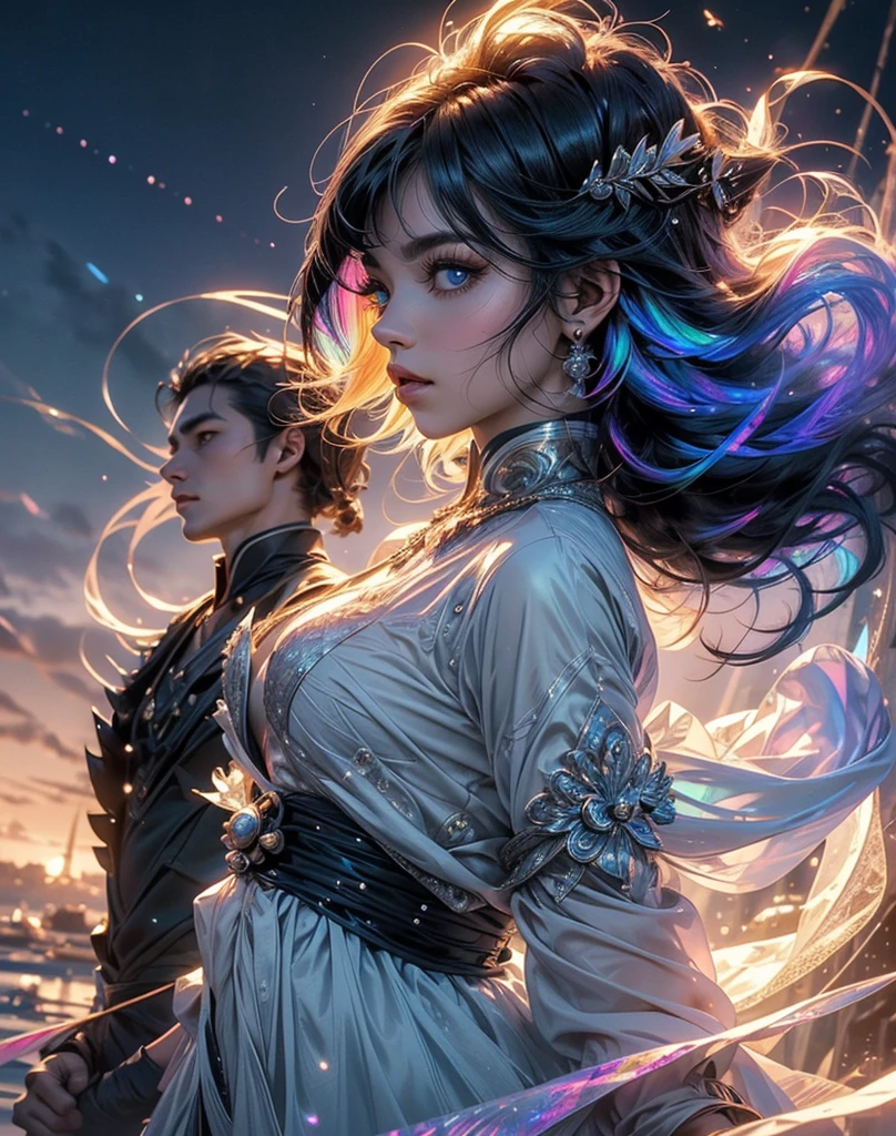 One woman and one man in profile representing Yin Yang, One with long black hair in movement, the Other with short white hair in movement, both have frosted light blue eyes, full pink lips, small round breasts, perfect body, full body, translucent clothes, scenery mistico, {extremely detailed 8k CG unit wallpaper}, expansive landscape photography, (a low view focusing on the character and setting), (wide open field view), (low angle shot), ( high light: 1.8), (low light: 1.2), (warm light source: 1.5), complex details, (iridescent colors: 1.6), (bright lighting), (atmospheric lighting), dreamy, magical