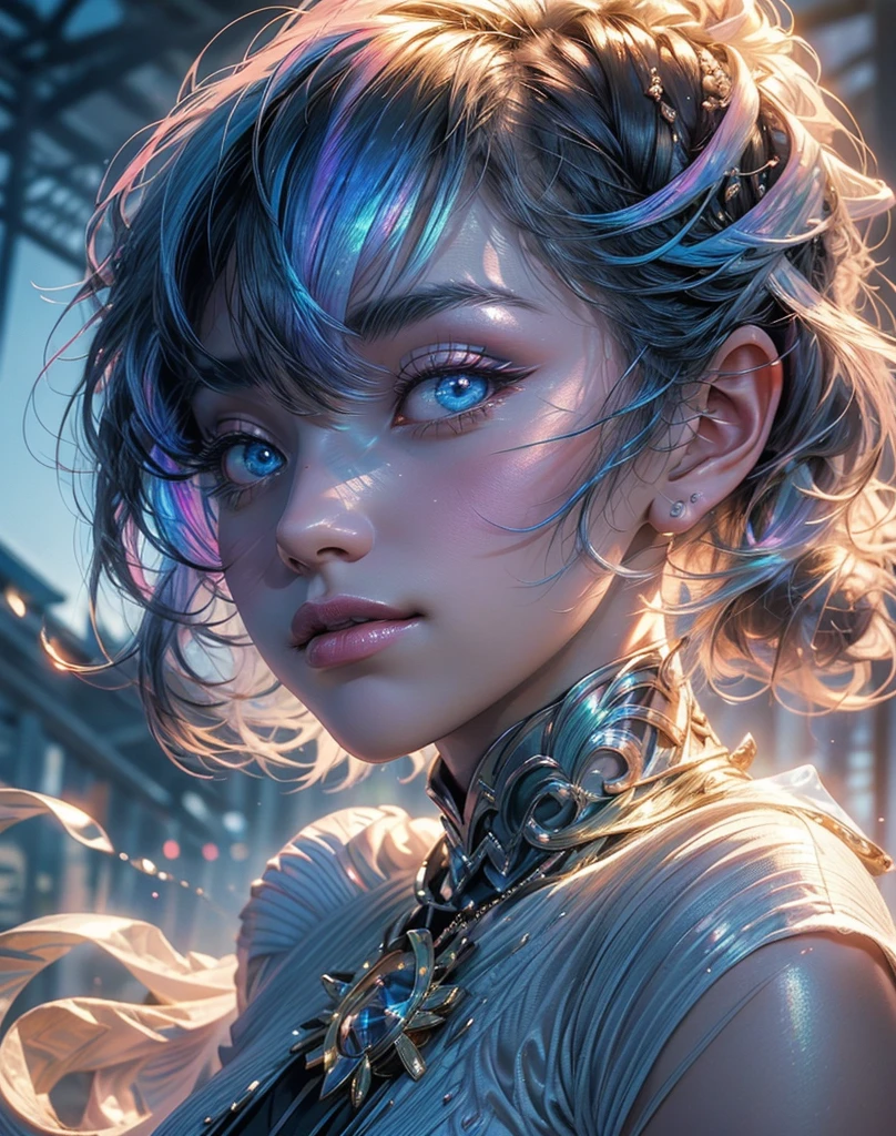 One woman and one man in profile representing Yin Yang, One with long black hair in movement, the Other with short white hair in movement, both have frosted light blue eyes, full pink lips, small round breasts, perfect body, full body, translucent clothes, scenery mistico, {extremely detailed 8k CG unit wallpaper}, expansive landscape photography, (a low view focusing on the character and setting), (wide open field view), (low angle shot), ( high light: 1.8), (low light: 1.2), (warm light source: 1.5), complex details, (iridescent colors: 1.6), (bright lighting), (atmospheric lighting), dreamy, magical