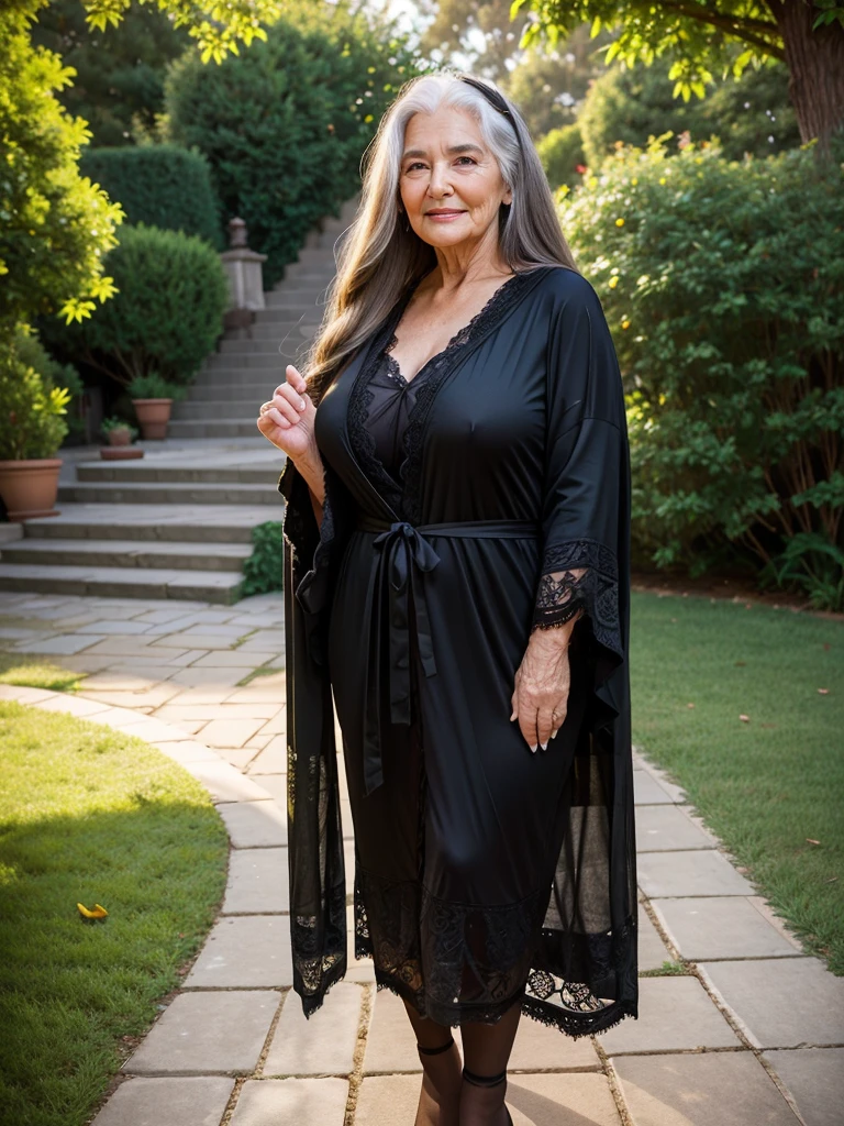 Mature old woman 80 years with long hair, fat, plus size, old face and body with many wrinkles, loose skin, standing solo at backyard posing sexy for photo, old lady She wearing black robe black lace stockings, side view. jaw dropping mature older beauty, old face and body with wrinkles, old face, full visible legs, smiling, old attractive grandma, a gorgeous old hair, beautiful old grandma, lovely older mature grandma, gorgeous beautiful grandma over 80 years old, beautiful long hair grandma, beautiful detailed body and face, a beautiful old granny