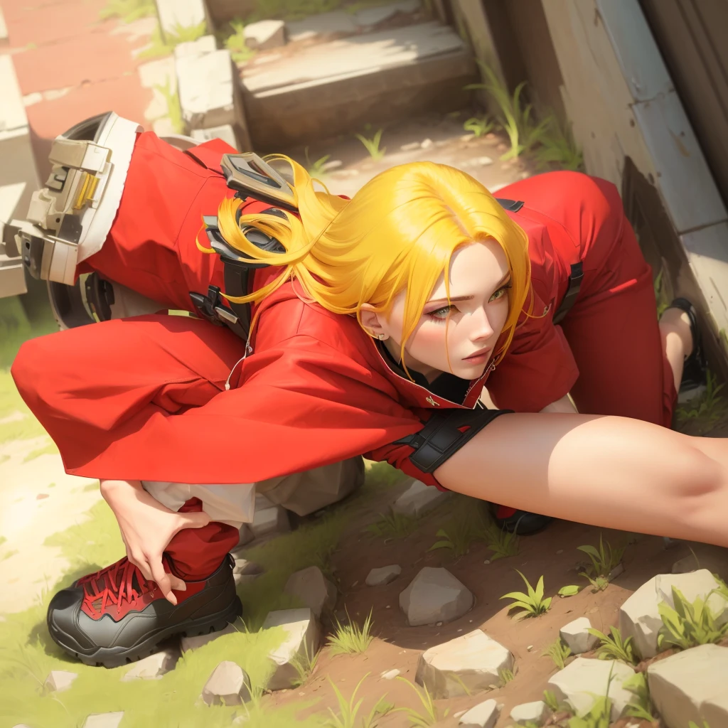perfect character with a red outfit and yellow hair crouching down, realistic