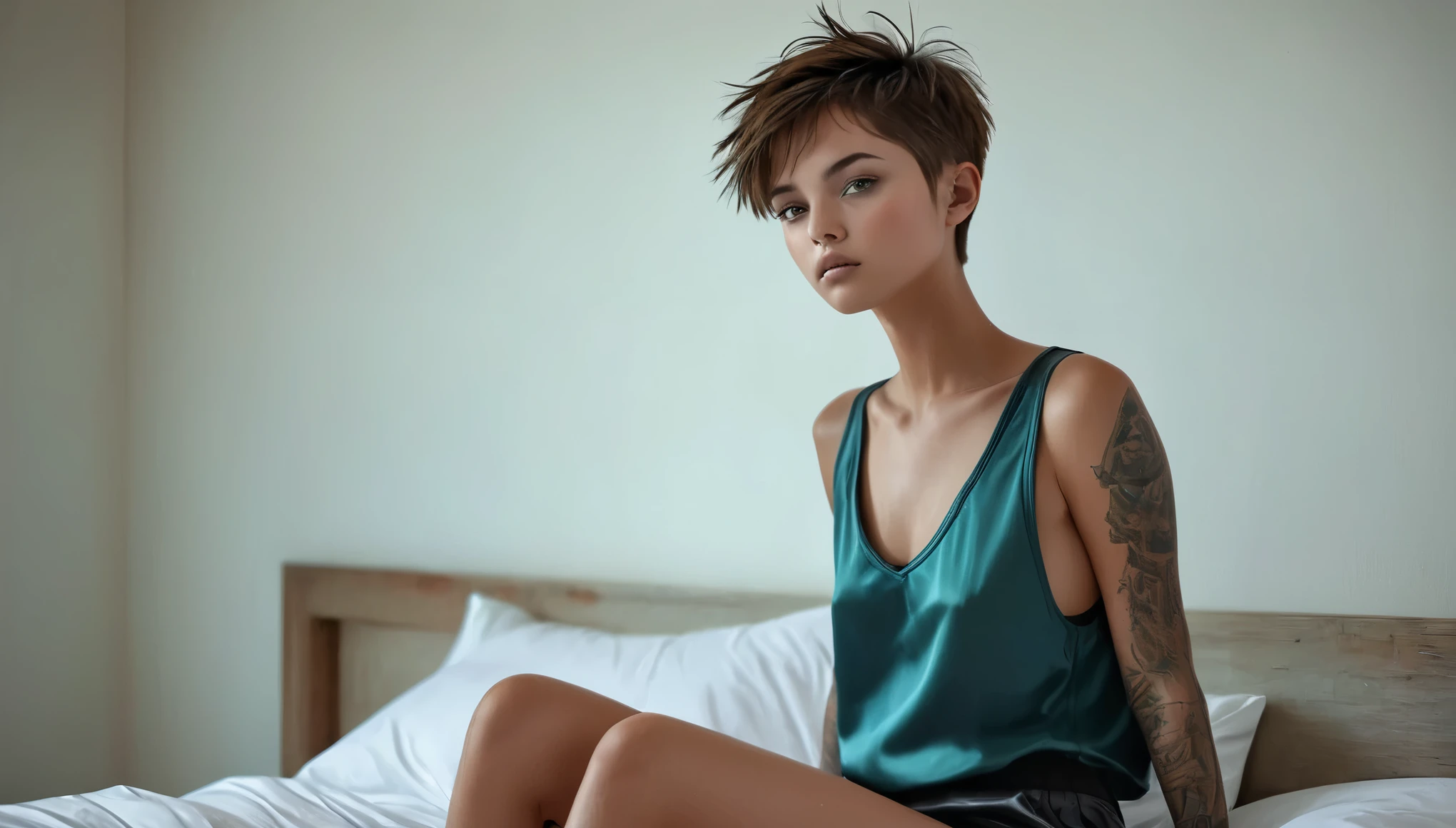 Top Quality, Masterpiece, High Resolution, 8k, ((ager, 16 Y((tomboy girl in short silky oversized huddie with plunging neckline under the armpits und satin shorts, side boob, wide neckline, deep neckline)), (bare belly, small perky breasts, detailed face, detailed eyes, thin eyebrow, detailed lips, small hips, no makeup, some tattoos), (tomboy, Tomboy Style, tomboyish), (randowm short hair style, straight hair, short pixie cut hair), (((cyberpunk, on the bed, moody atmosphere, dim light, dramatic and neon colors, futuristic setting, intricate details, at night, random pose, neon colors))), full body view