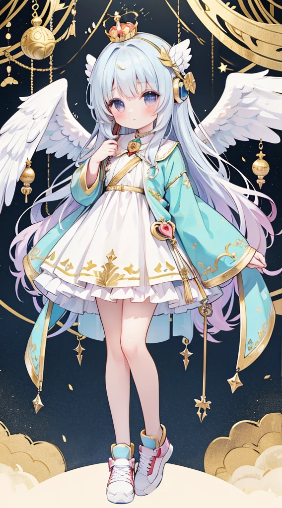 Whole BodyEsbian、Standing picture,a girl,Angel Clothing,Angel Wand,angel,With a crown on his head,Maruko hair,silver eyes,Wear sneakers,There are a pair of small wings on the shoes,There is a pair of small wings on the head,There is a pair of large wings behind him,There is a gem mark on the forehead,There is a big bow on the chest,with headphones,Wearing a gold hairpin on her head,With golden feathers on the head,There are many ornaments hanging on the body,Carrying a big sword behind his back,Cupid's arrow in hand,jewelry,Take a photo pose,Double tail,shy,blush,Hot,Mid-Autumn Festival,Shooting star background,Heaven,masterpiece,Top image quality,top quality,off shoulder strap lolita,There is a big gem on the chest,super long hair,fox ears,white hair,(white or black pantyhose)、exquisite eyes、beautiful girl、Plump cheeks、cute dress、puffy sleeves、Ruffled skirt、pink ribbons、kawaii、、black leg rings,with headphones,Wear a nurse's hat,Lift one foot up,black cat,Bald Eagle,black and white musical notes,cute big breasts,