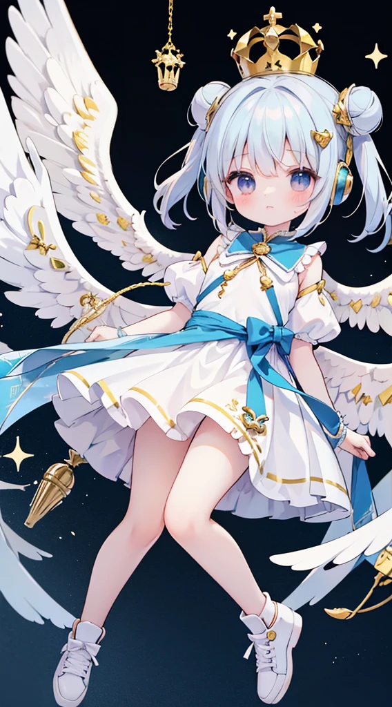 Whole BodyEsbian、Standing picture,a girl,Angel Clothing,Angel Wand,angel,With a crown on his head,Maruko hair,silver eyes,Wear sneakers,There are a pair of small wings on the shoes,There is a pair of small wings on the head,There is a pair of large wings behind him,There is a gem mark on the forehead,There is a big bow on the chest,with headphones,Wearing a gold hairpin on her head,With golden feathers on the head,There are many ornaments hanging on the body,Carrying a big sword behind his back,Cupid's arrow in hand,jewelry,Take a photo pose,Double tail,shy,blush,Hot,Mid-Autumn Festival,Shooting star background,Heaven,masterpiece,Top image quality,top quality,off shoulder strap lolita,There is a big gem on the chest,super long hair,fox ears,white hair,(white or black pantyhose)、exquisite eyes、beautiful girl、Plump cheeks、cute dress、puffy sleeves、Ruffled skirt、pink ribbons、kawaii、、black leg rings,with headphones,Wear a nurse's hat,Lift one foot up,black cat,Bald Eagle,black and white musical notes,cute big breasts,