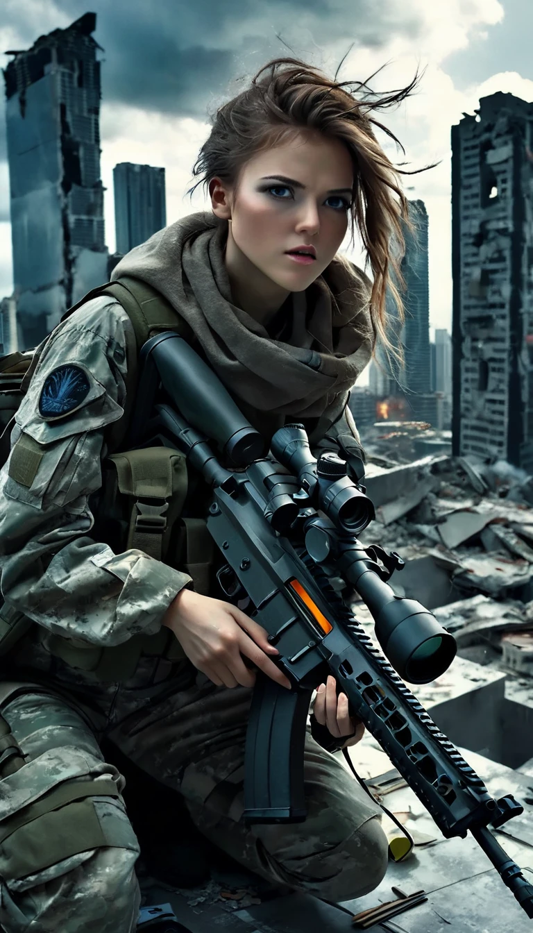 Full body shot, beautiful detailed eyes, beautiful detailed lips, extremely detailed eyes and face, longeyelashes, 1girl, female military sniper, aiming huge and long futuristic sniper riffle,  realistic, city camouflage, post-apocalitic city, destroyed city, skyscrapers roof, dark moody lighting, dramatic lighting, cinematic, high quality, 8k, ultra-realistic, masterpiece, award winning, photorealistic