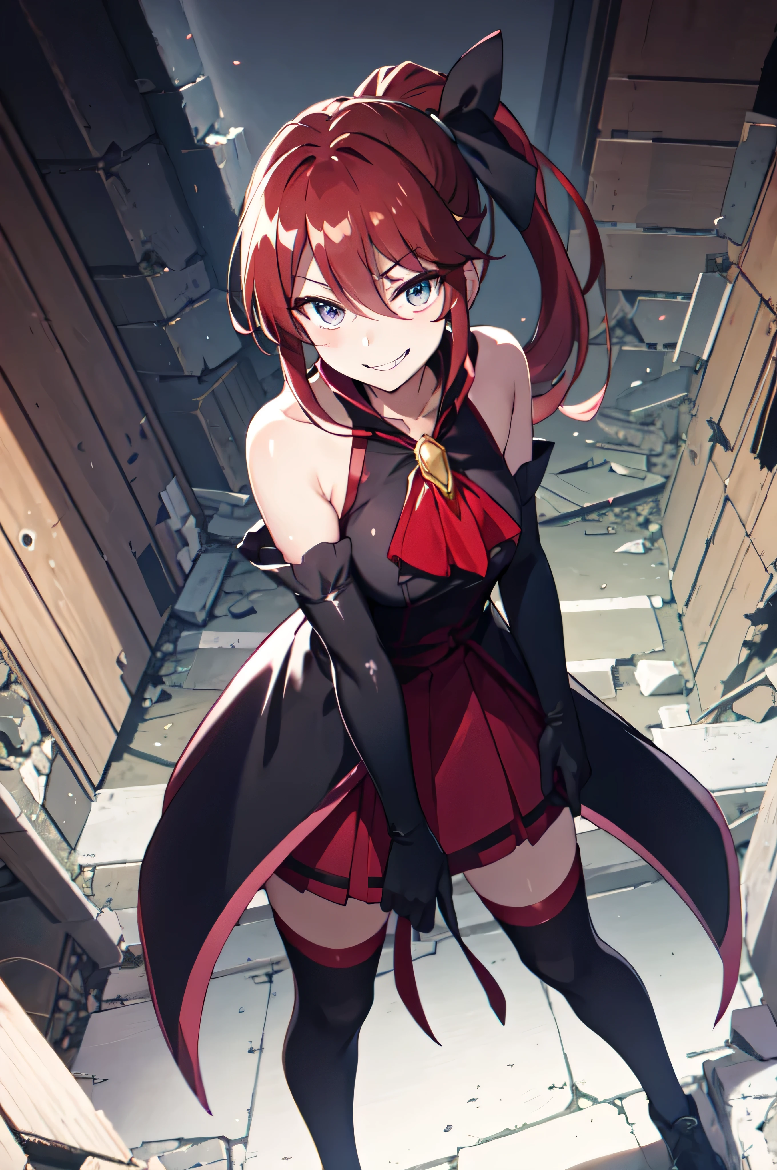 Highest quality, masterpiece, One Girl,Not beautiful, Red Ponytail, Long dress, brooch, Hair Ribbon, - Elbow hand pockets, Black knee socks, Standing on the rubble, (Wicked Smile:1.1), ,,Dark shadowed face,Sadistic smile,Malice,Contempt,smile,latex,Bad face,,Red Skirt,two hands,two legs,five fingers,evil background,elbow gloves,latex,