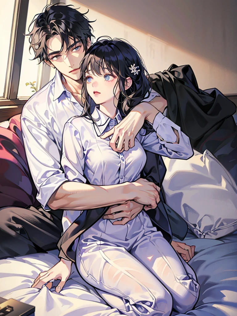 college student couple、Lovers、black hair girl、cute、droopy eyes、hug、tall man、Handsome guy、detailed face、バックhug、pajamas、white clothes、A woman sits on a man's lap、smile